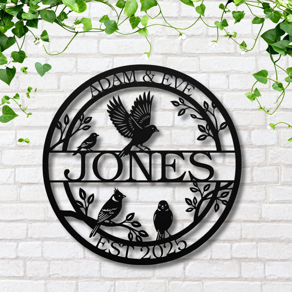 Personalized Family Name Sign with Birds, Custom Metal Last Name Sign, Established Date Wall Art, Housewarming Gift for Couple