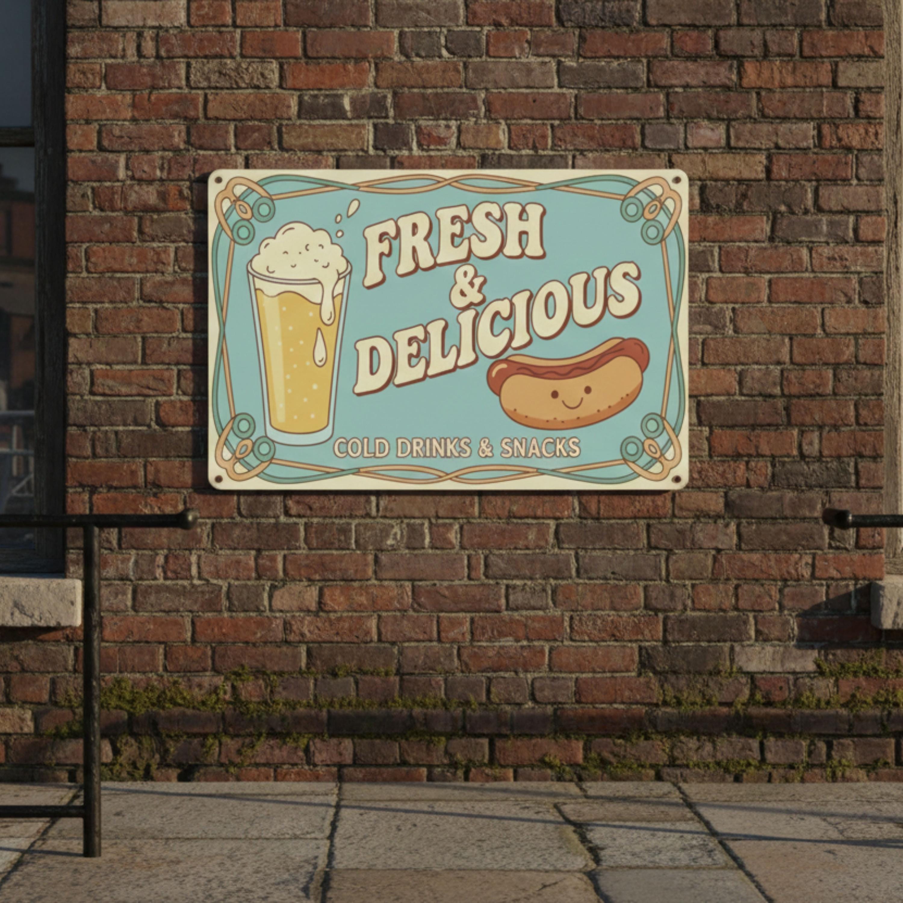 Fresh and Delicious Metal Sign, Hot Dog and Beer Wall Art, Retro Diner Decor