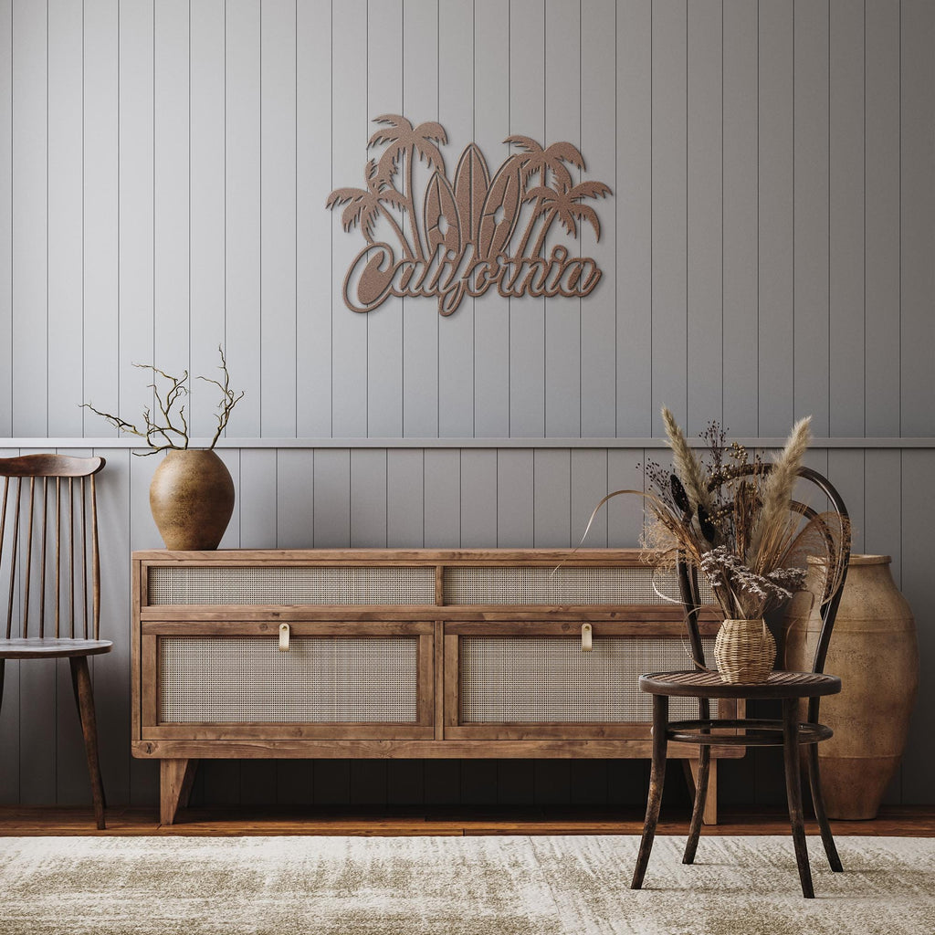 California Metal Sign, Surfboard Palm Tree Coastal Wall Decor