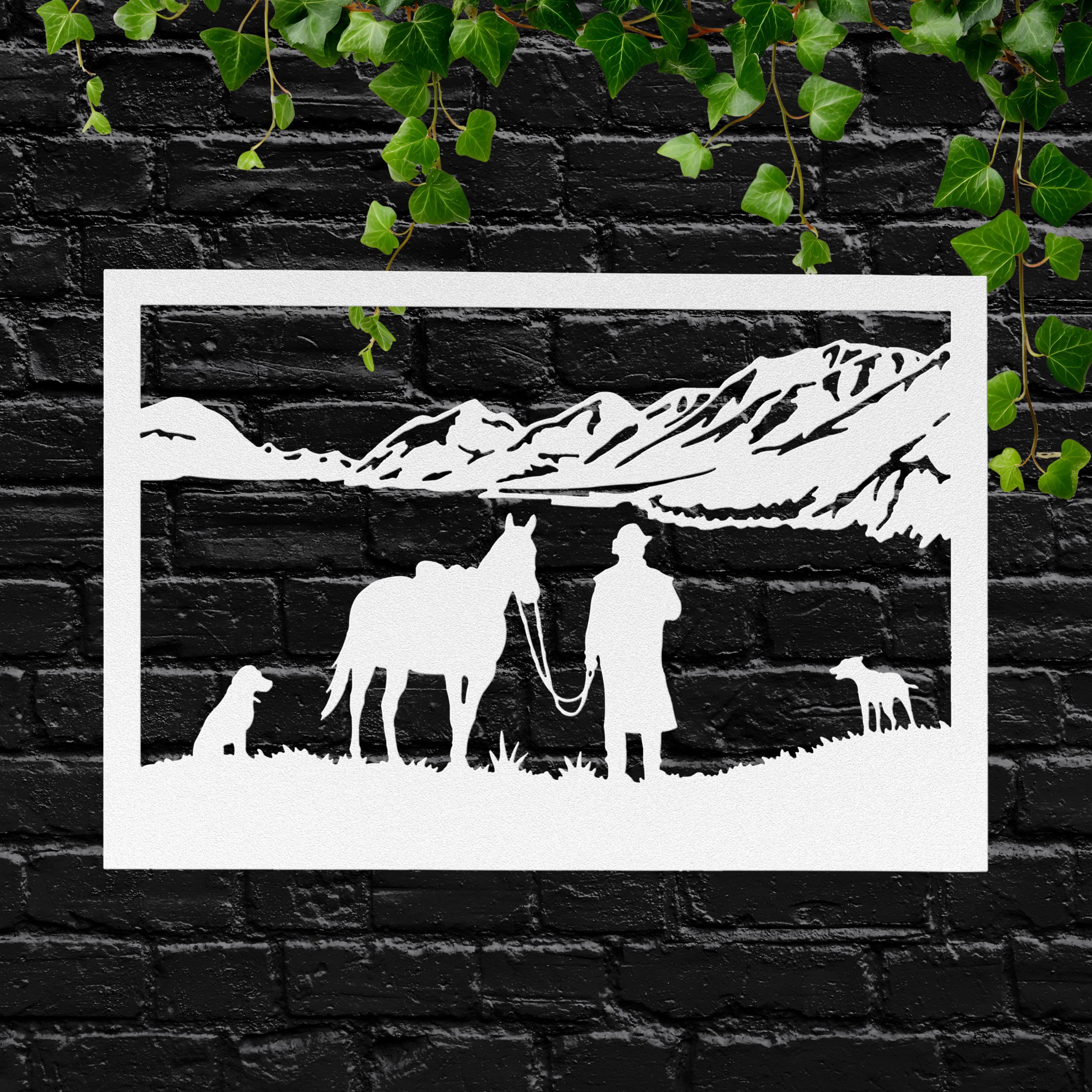 Cowboy Horse Dogs Metal Wall Art | Ranch & Lake Silhouette | Western Landscape Sign | Rustic Cabin Decor | Outdoor Gift