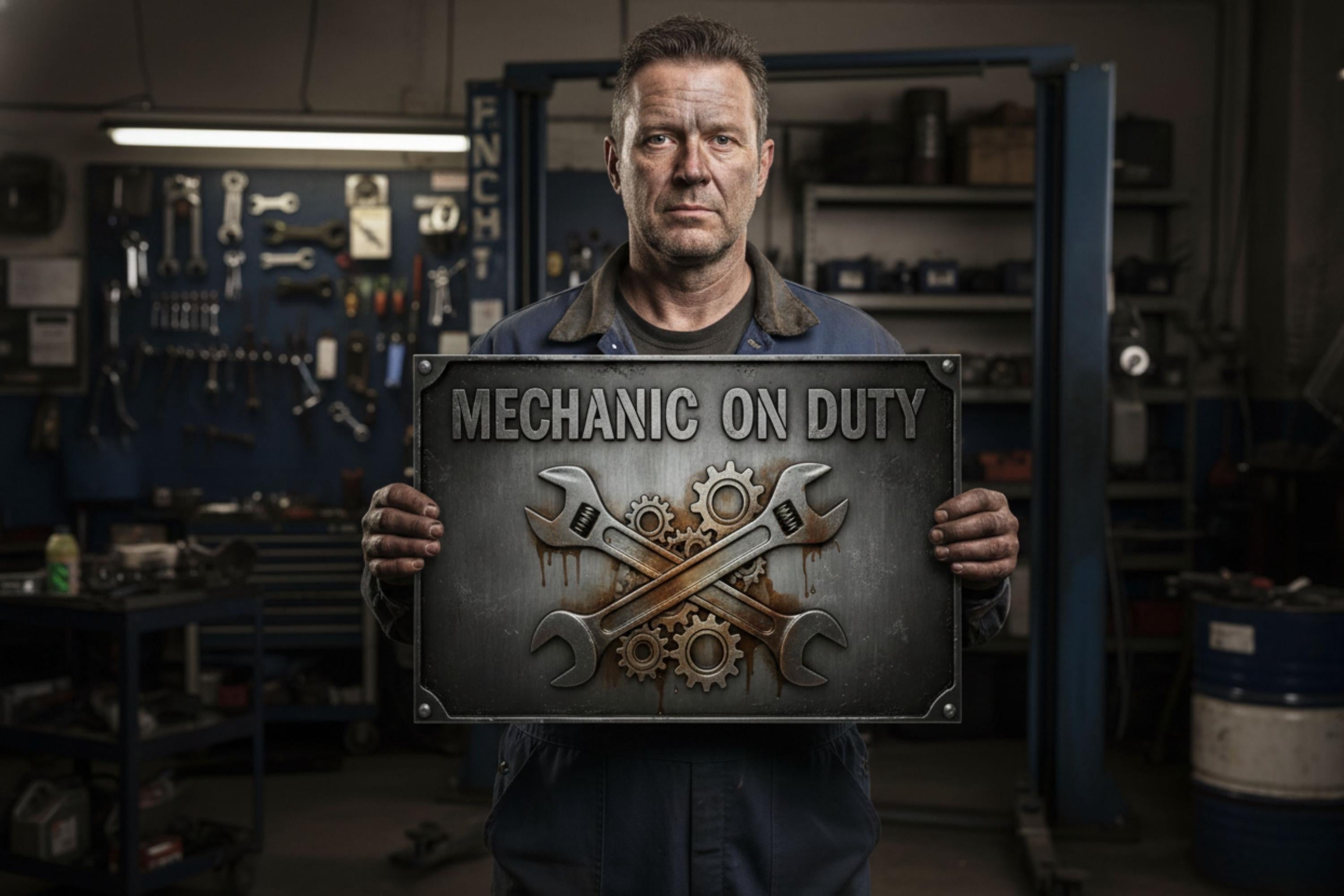Mechanic On Duty Sign - Vintage Garage Wall Decor | Custom Metal Workshop Art