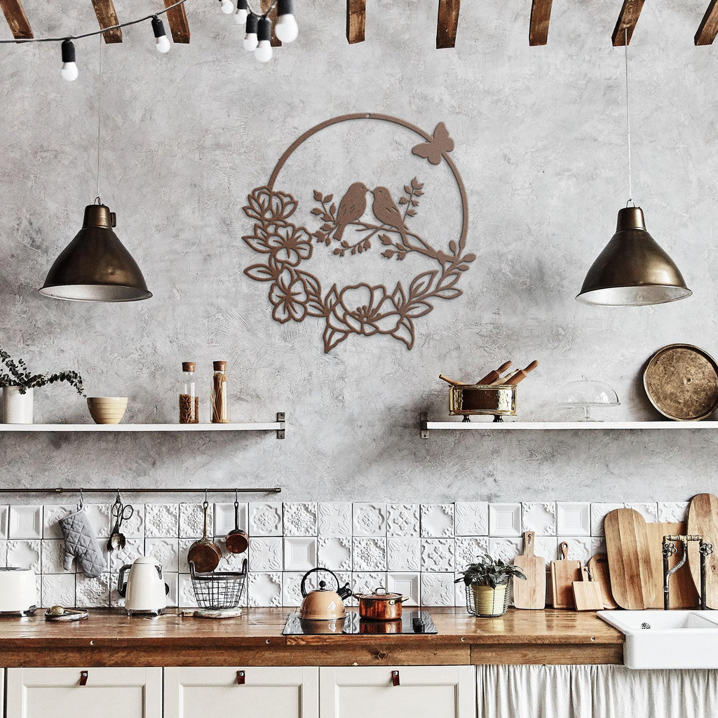 Love Birds Metal Wall Art, Floral Wreath Sign, Anniversary Gift, Nursery Bird Wall Decor