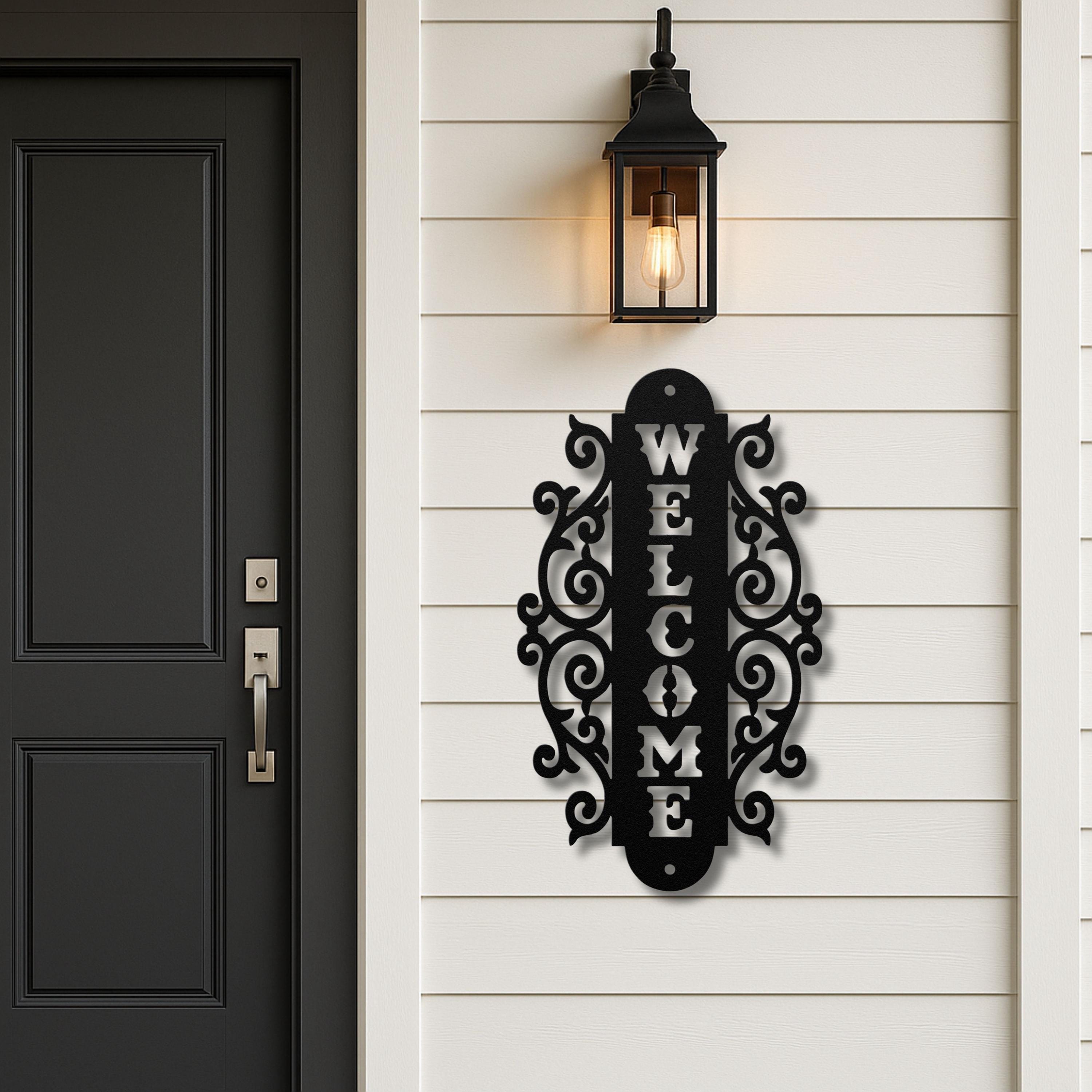 Vertical Welcome Metal Sign, Ornate Scroll Door Decor, Elegant Front Porch Wall Art