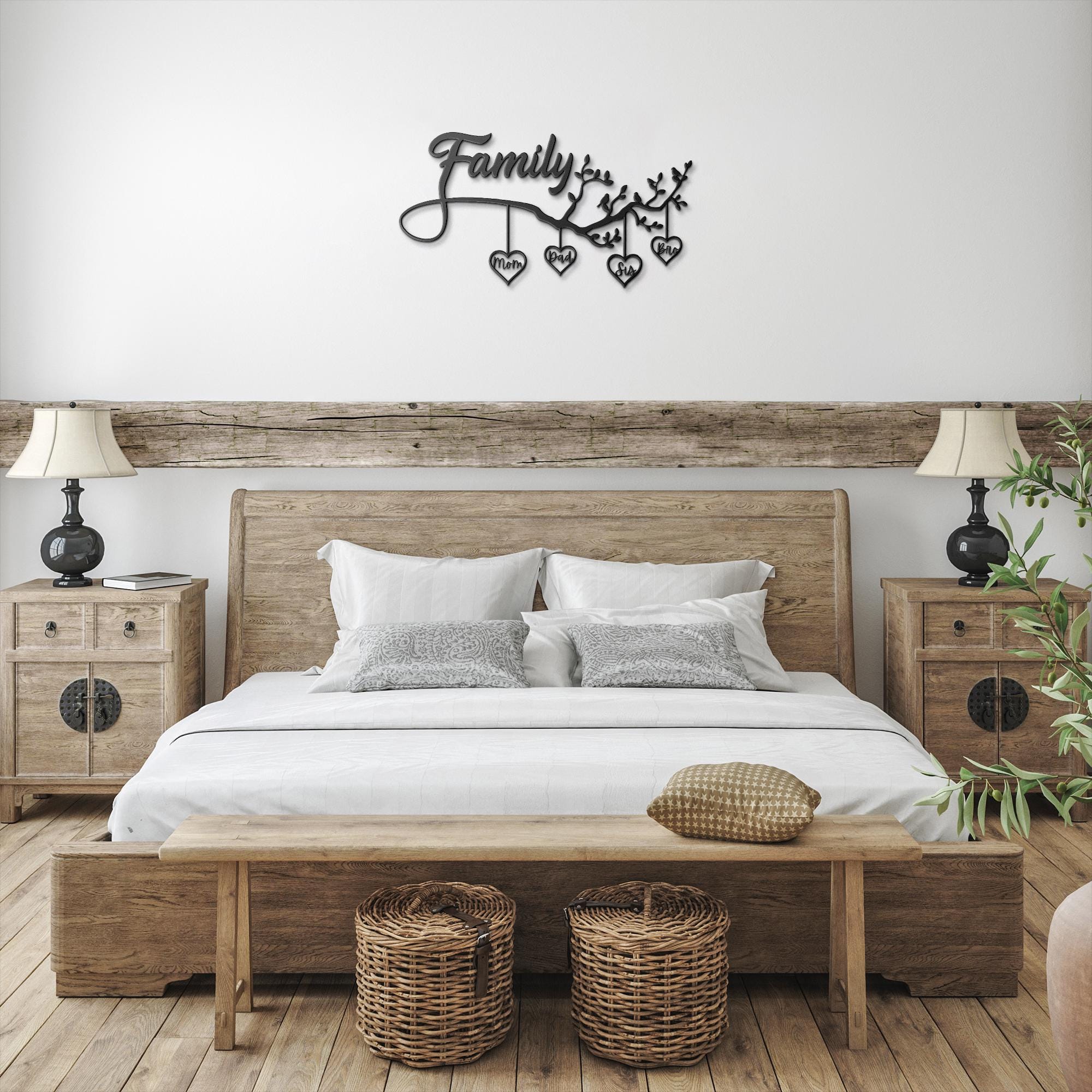 Personalized Family Tree Sign - Custom Metal Wall Art With Hanging Heart Names
