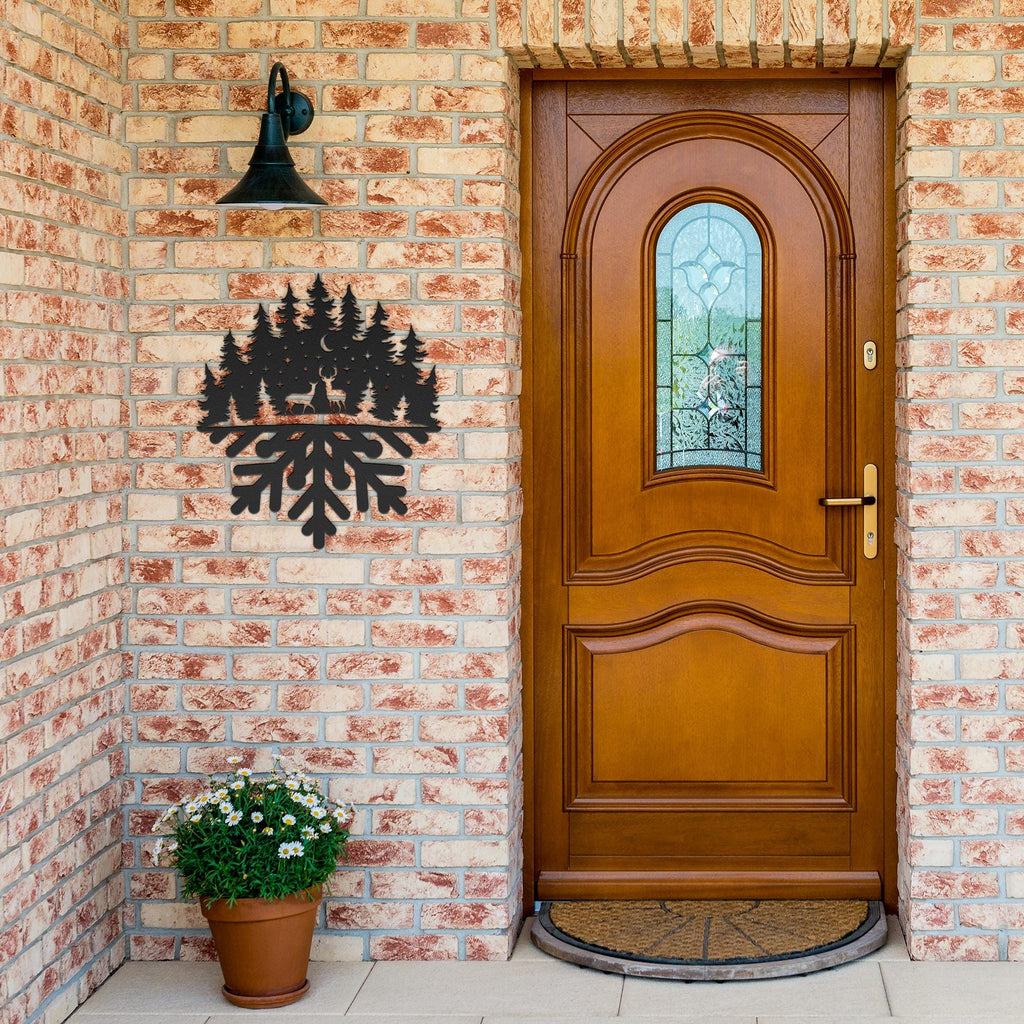 Deer Silhouette Metal Sign, Winter Forest Snowflake Decor