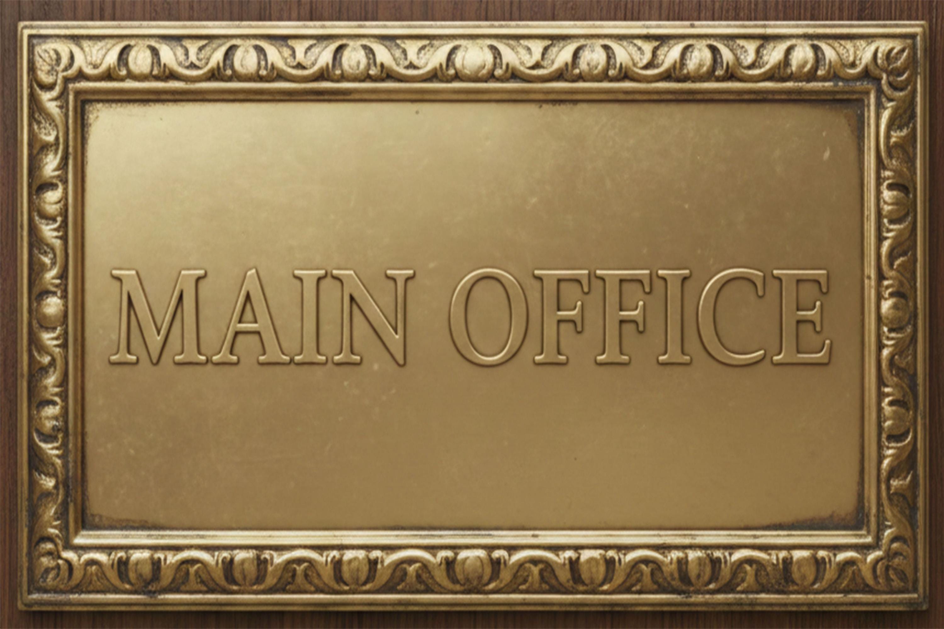 Main Office 3D Inspired Metal Sign, Vintage Gold Plaque, Executive Business Decor, Classic Professional Door