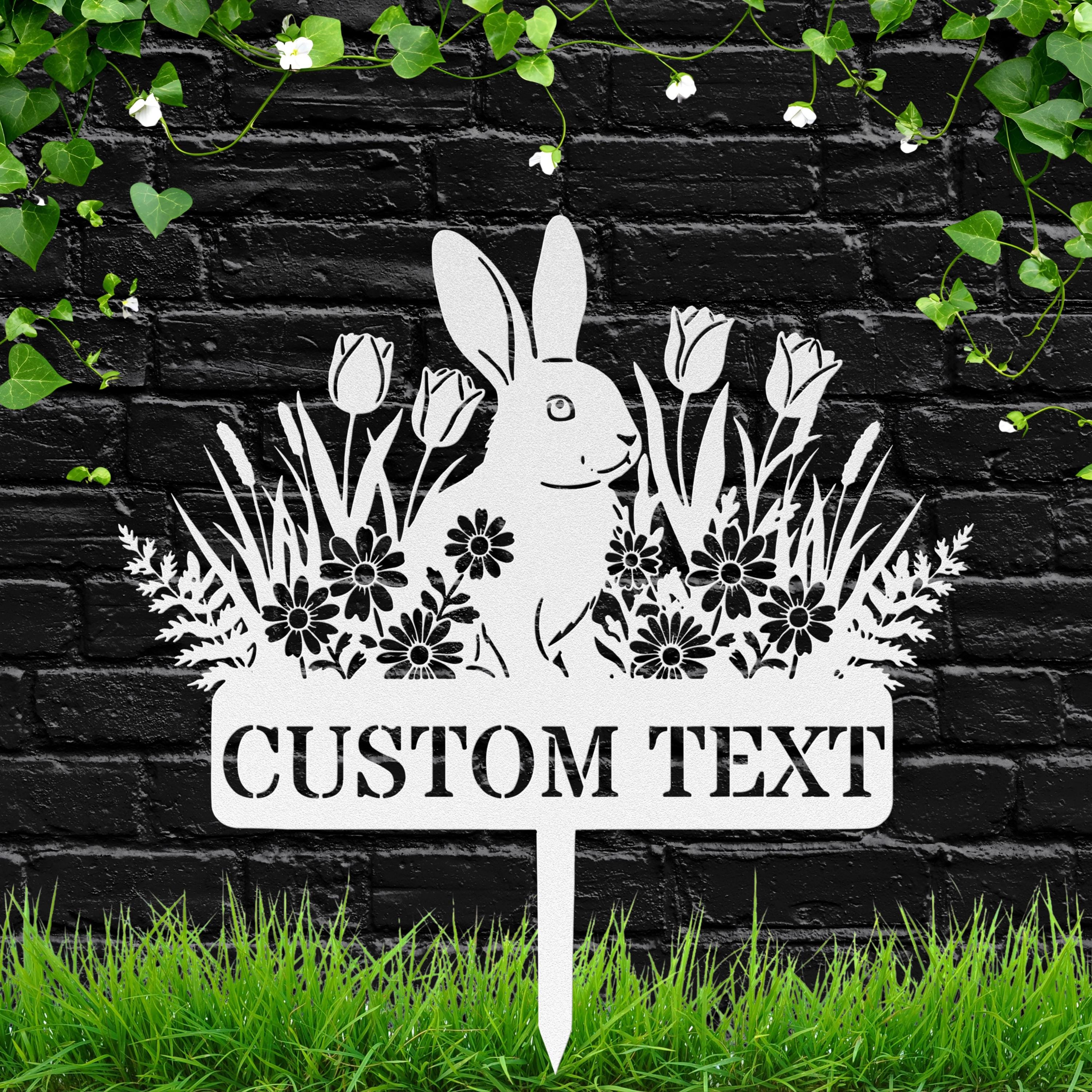 Custom Rabbit Garden Stake, Personalized Metal Yard Sign, Bunny Flower Die Cut Decor
