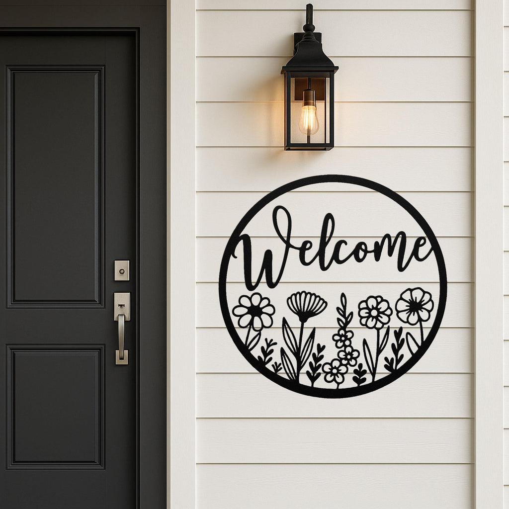 Floral Welcome Metal Sign, Round Door Hanger, Housewarming Gift