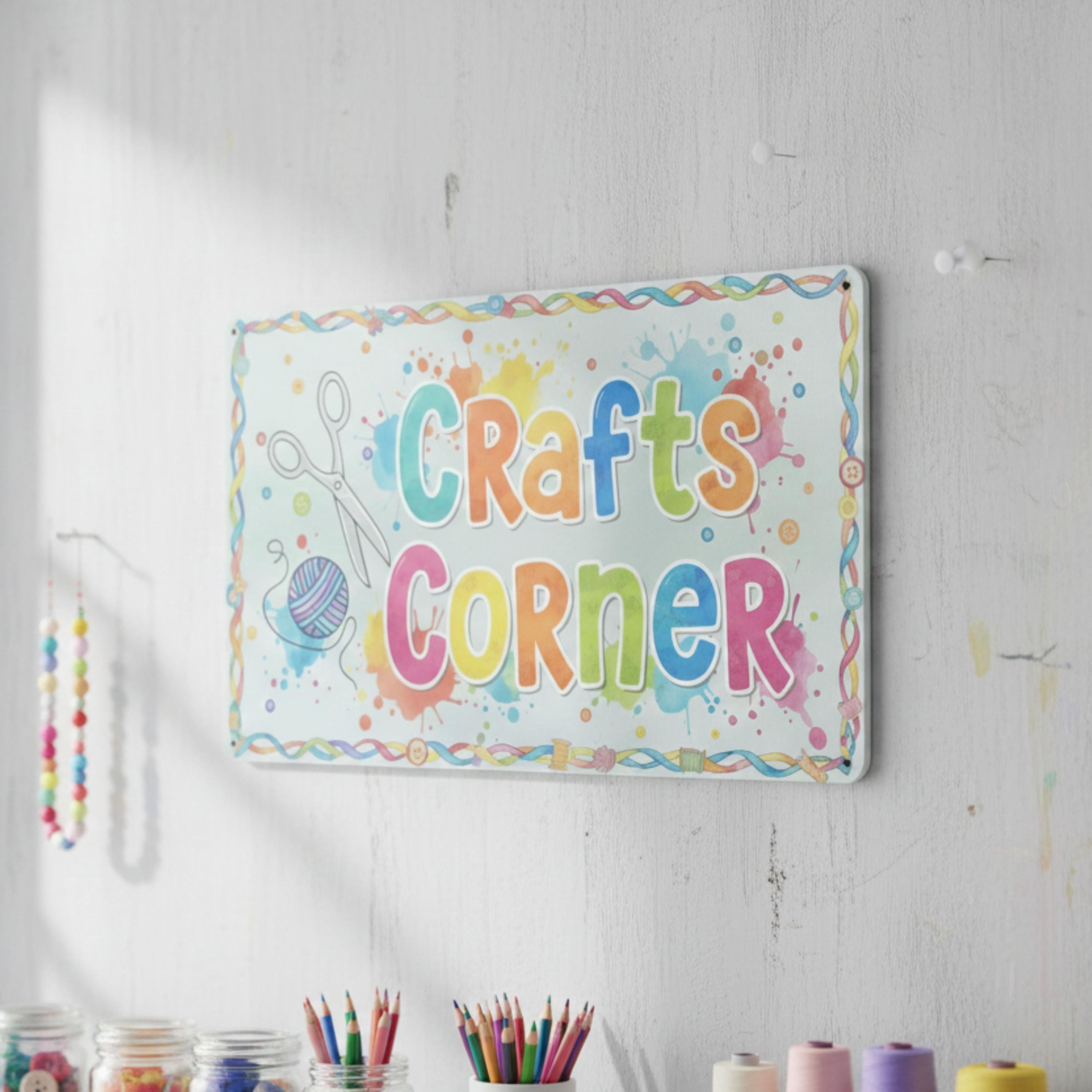 Crafts Corner Metal Sign | Colorful Craft Room Decor | Sewing Knitting Plaque | Hobby Workshop Gift | Kids Art Supplies Sign