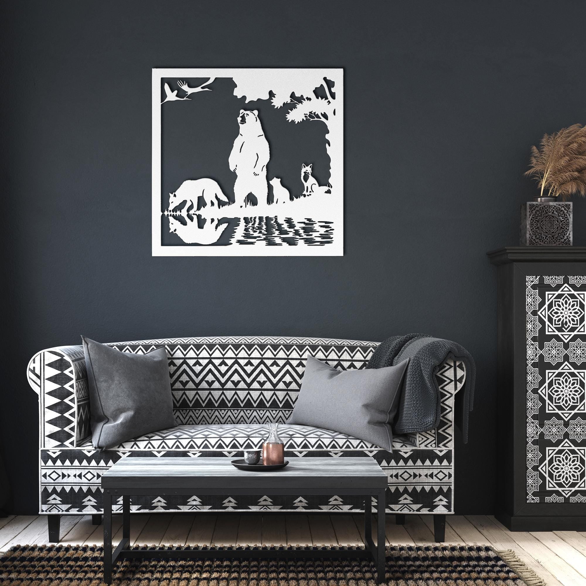 Forest Animals Lake Reflection Metal Art | Bear Fox Wolf Silhouette | Nature Wildlife Wall Decor | Rustic Cabin Sign