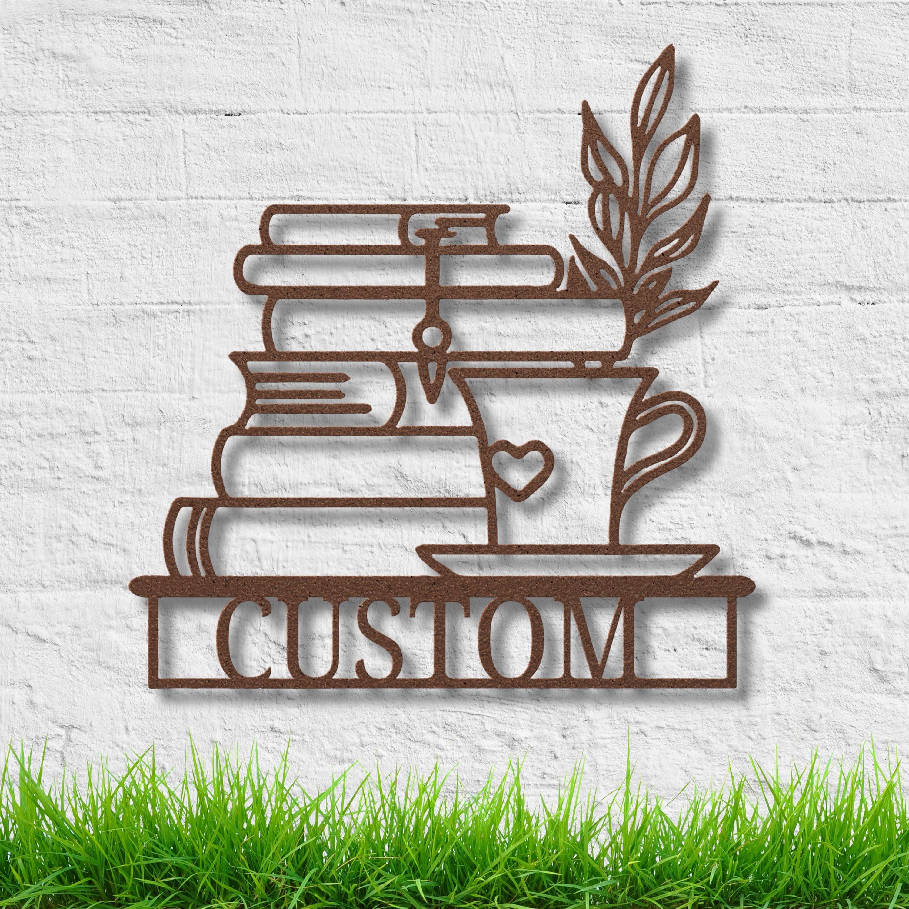 Custom Book Lover Metal Sign | Personalized Reading Nook Decor, Coffee Die Cut Art, Bookworm Gift, Stack of Books Plaque