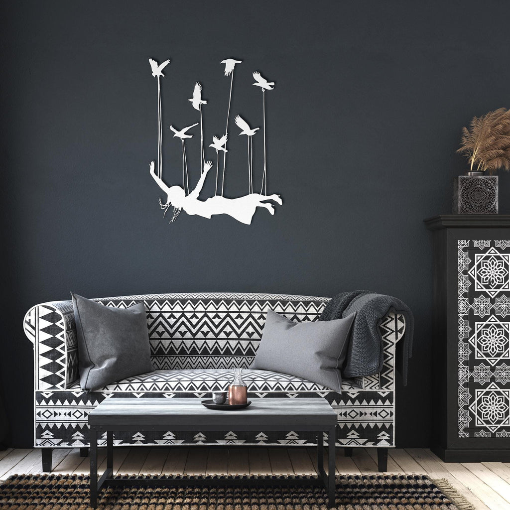 Surreal Woman Flying with Birds Metal Art, Inspirational Wall Sign, Freedom Home Decor