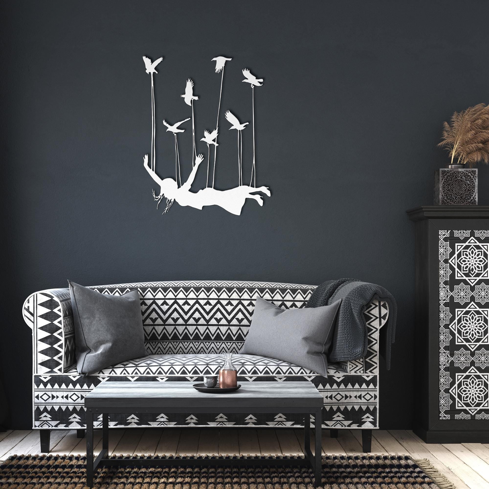 Surreal Woman Flying with Birds Metal Art, Inspirational Wall Sign, Freedom Home Decor