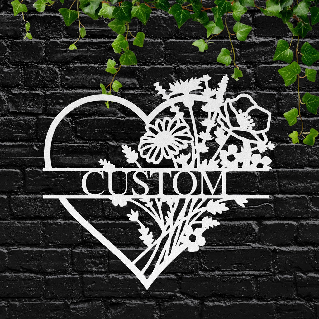 Personalized Floral Heart Metal Sign, Custom Flower Bouquet Split Name, Valentines Day Gift, Anniversary Wedding Art