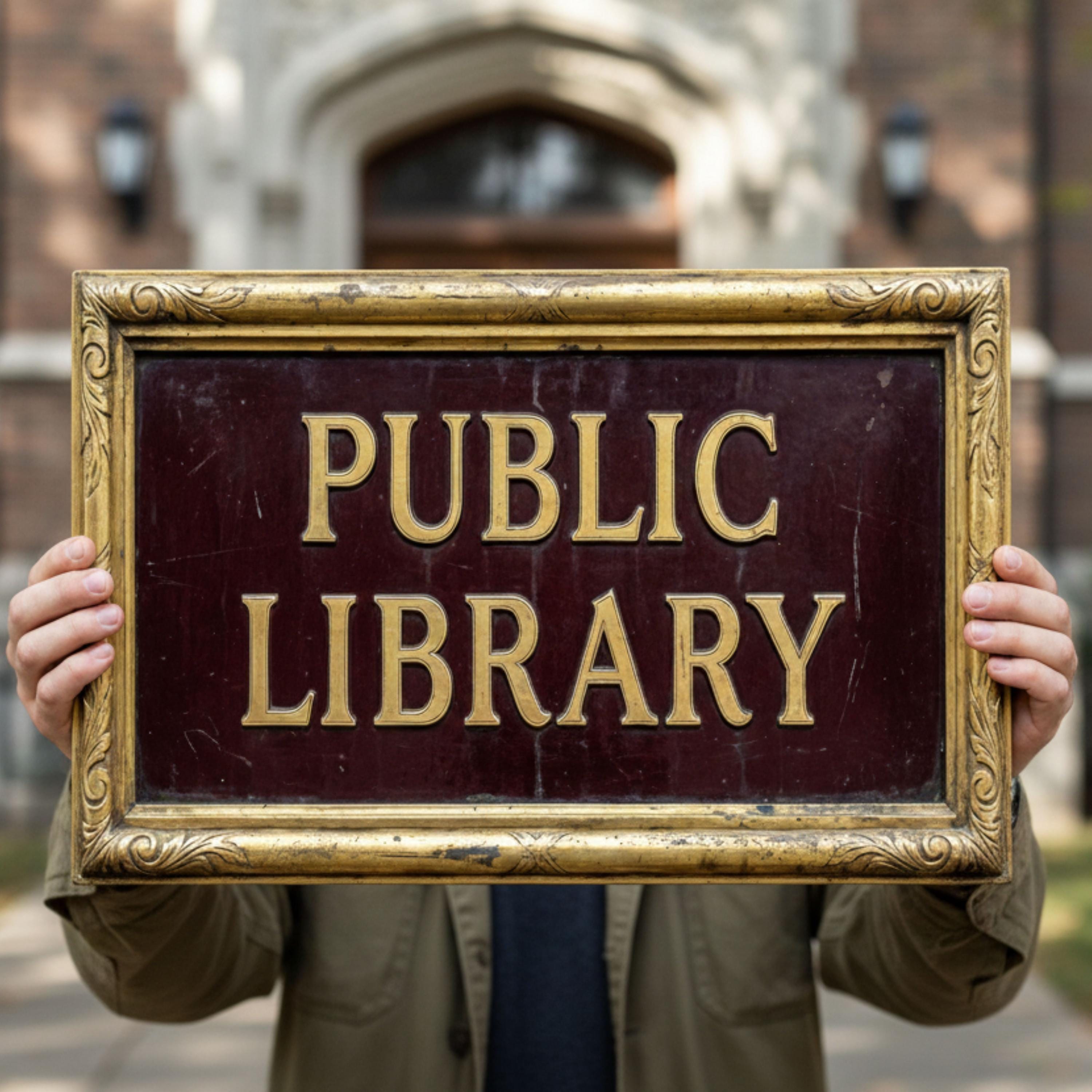 Public Library Metal Sign, Vintage Bookstore Decor, Literary Wall Art, Gold and Maroon Plaque, Classic Reading Room Signage
