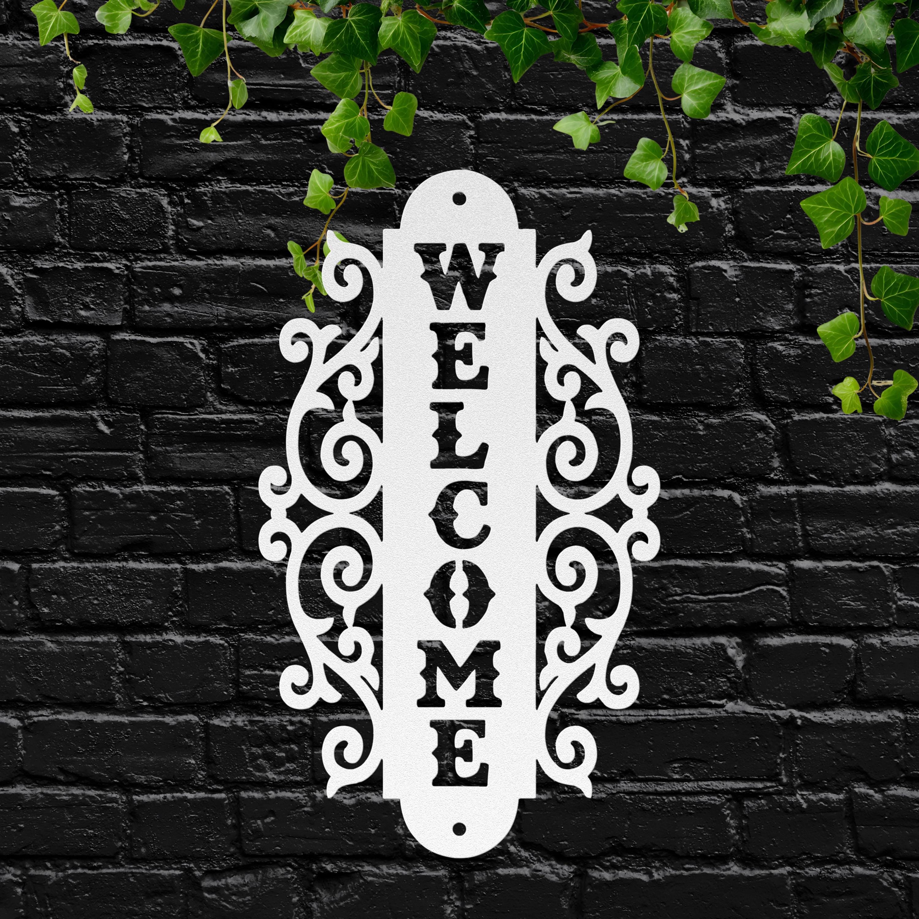 Vertical Welcome Metal Sign, Ornate Scroll Door Decor, Elegant Front Porch Wall Art