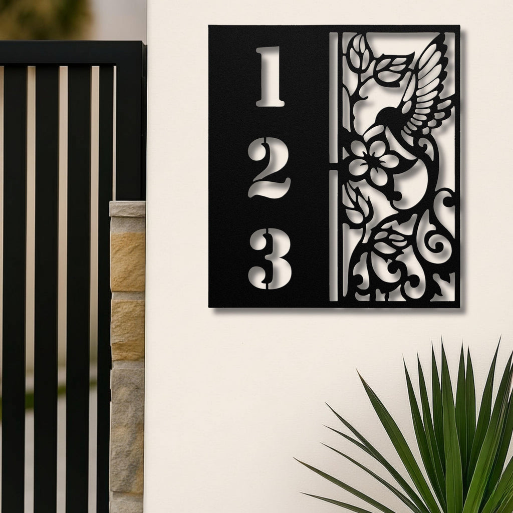 Personalized Hummingbird House Number Sign, Die Cut 18-Gauge Steel Address Art