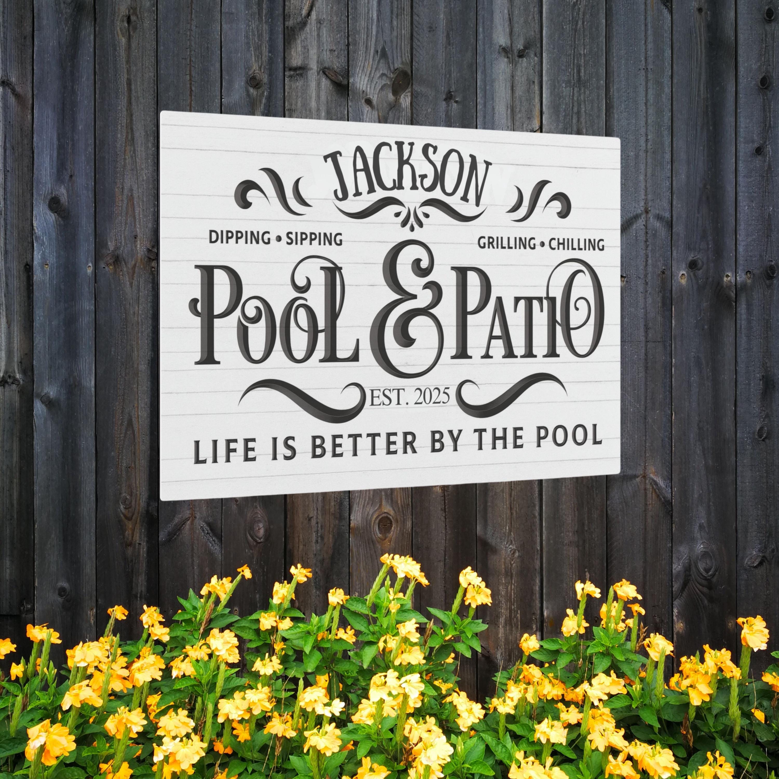 Custom Pool & Patio Metal Sign, Personalized Backyard Decor, Dipping Sipping Grilling, Established Year, Outdoor Family Gift
