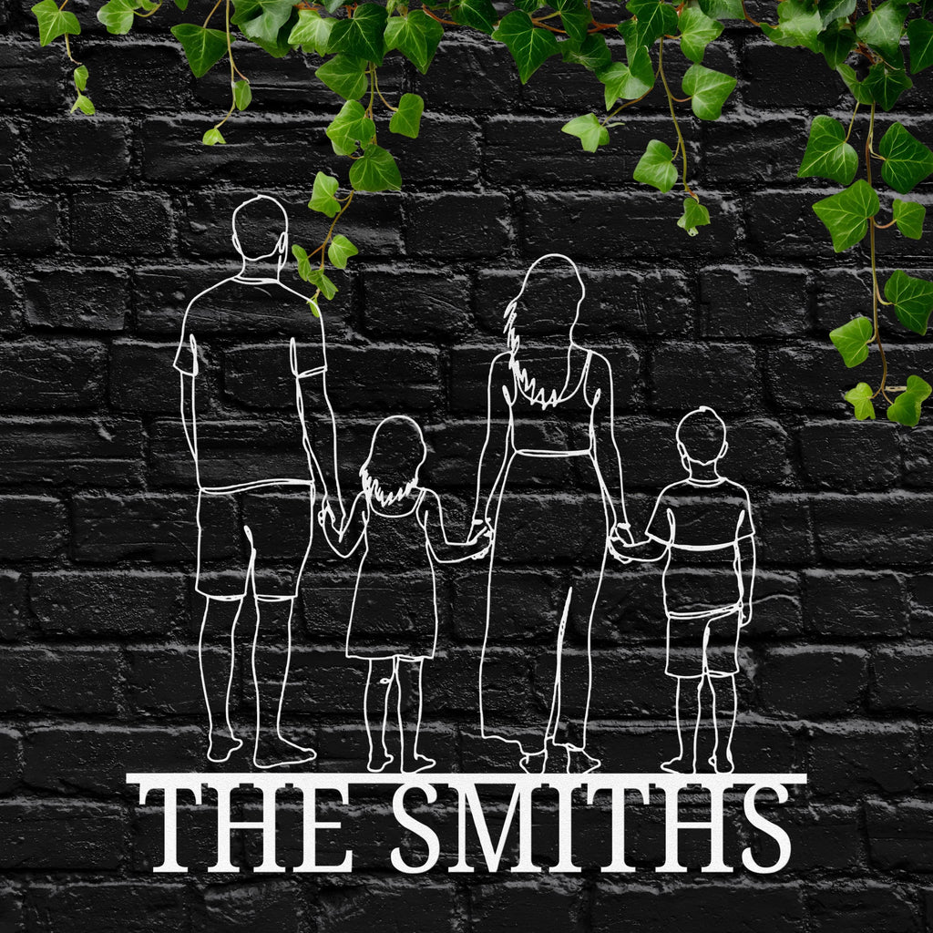 Custom Family Metal Sign – Personalized Line Art Silhouette with Last Name Banner
