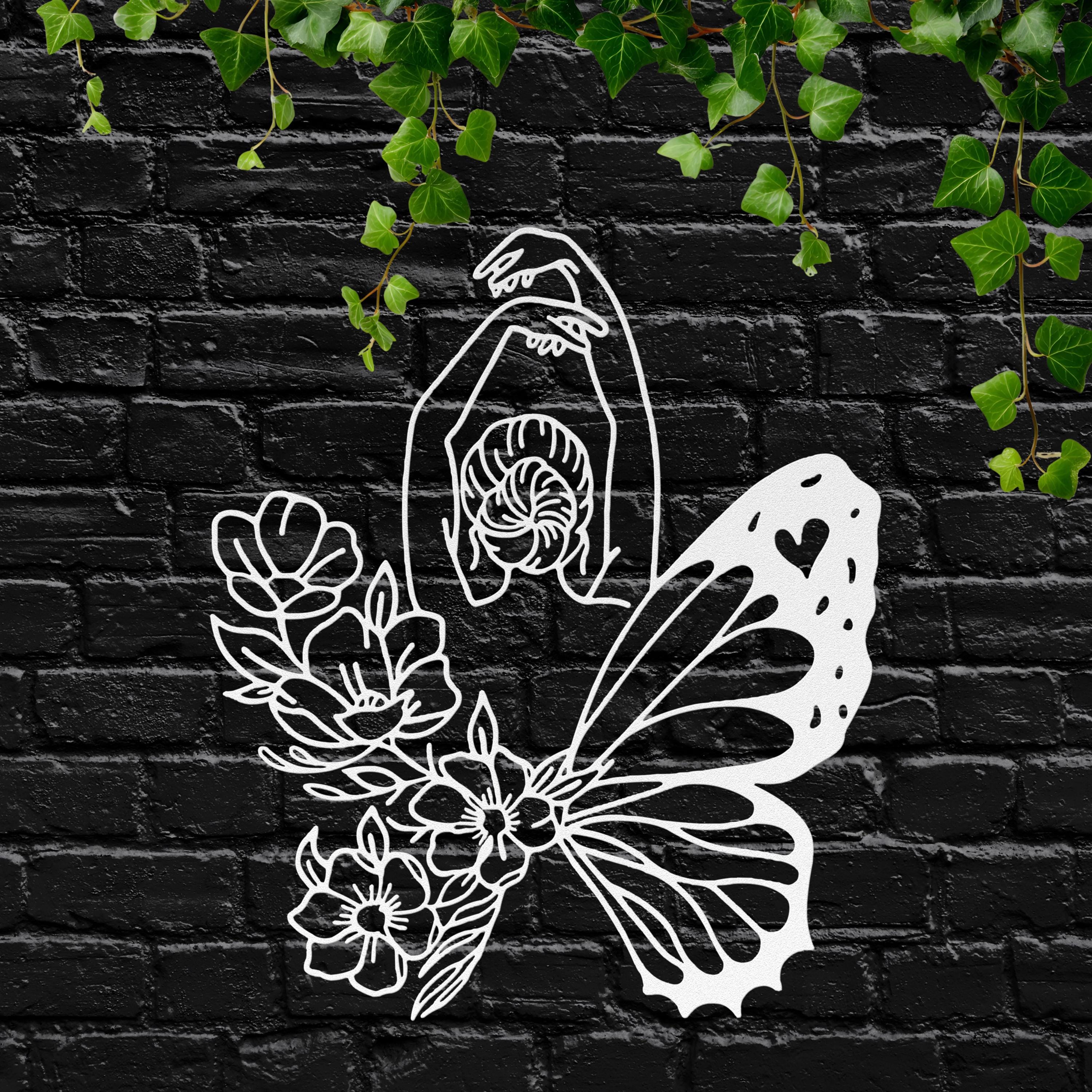 Butterfly Woman Metal Wall Art, Feminine Line Art, Floral Decor