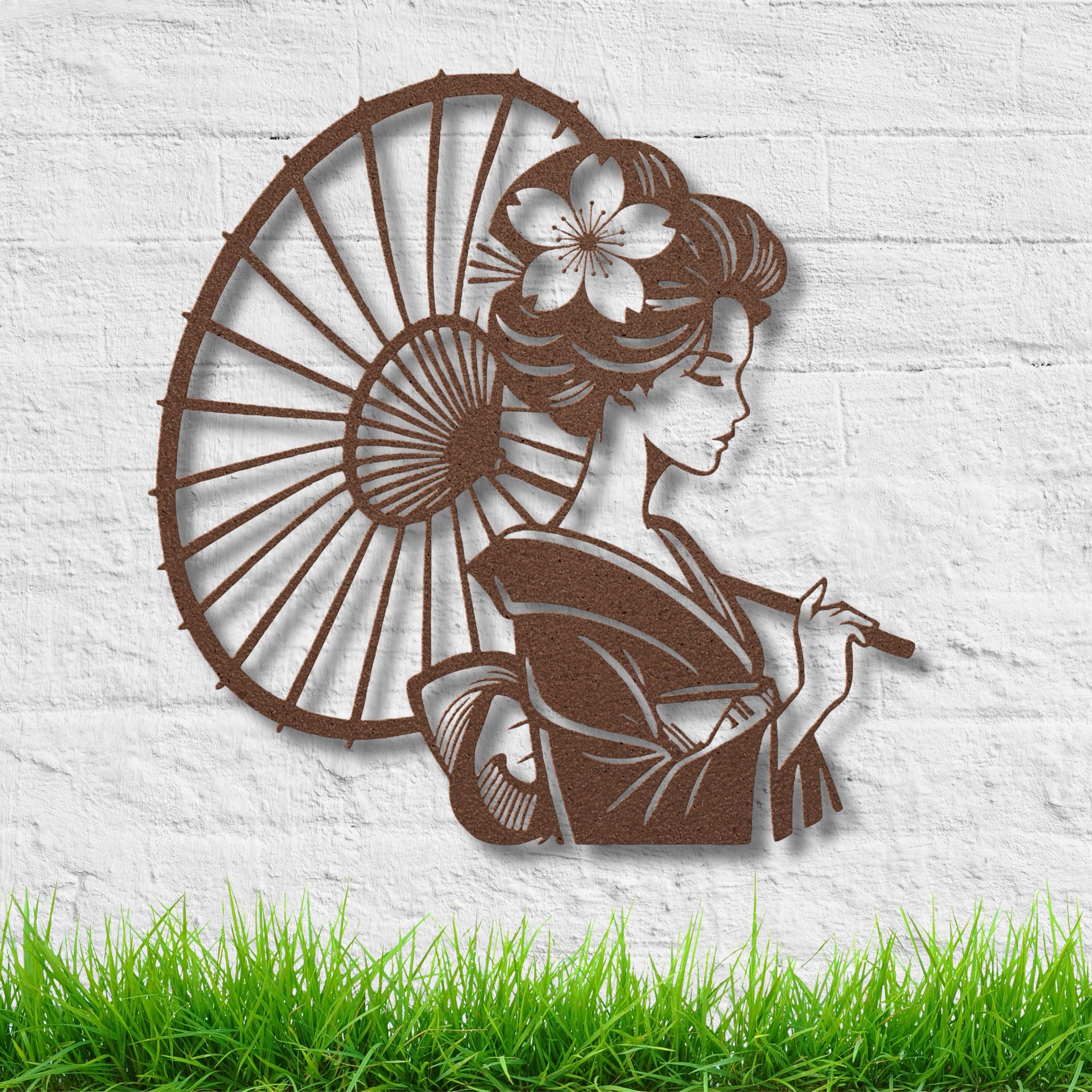 Geisha Metal Die-Cut Sign | Japanese Wall Art | Woman with Umbrella Silhouette | Elegant Asian Home Decor | Laser Cut Art