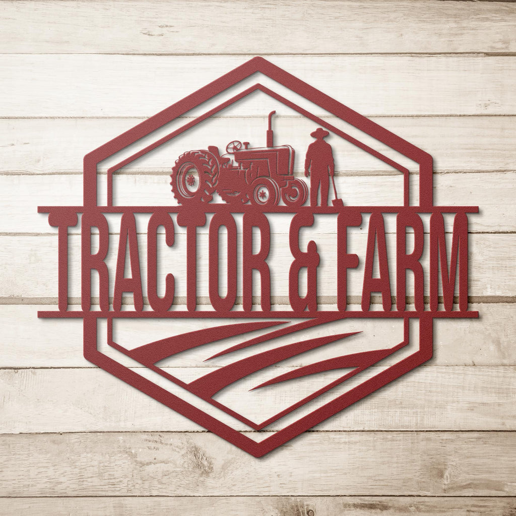 Custom Farm Logo Metal Sign: Tractor & Farmer Wall Art
