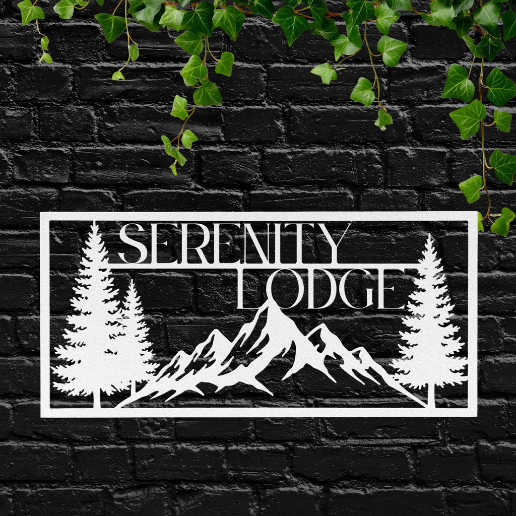 Custom Mountain Cabin Sign | Forest Tree Lodge Metal Art | Personalized Rustic Nature Die Cut Gift | Outdoor Retreat Decor