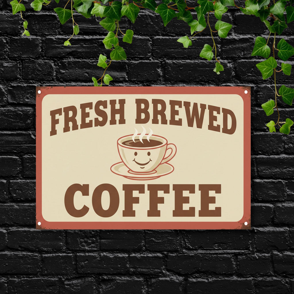 Fresh Brewed Coffee Metal Sign, Retro Kitchen Decor, Happy Coffee Cup Art, Coffee Bar Sign