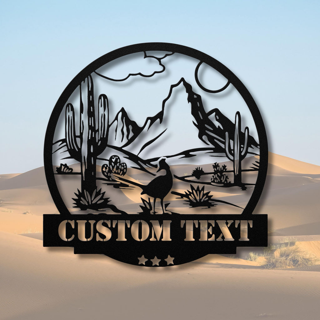 Custom Desert Metal Sign | Personalized Cactus Art | Landscape Home Decor | Southwestern Scene Die-Cut | Mountain Roadrunner Gift