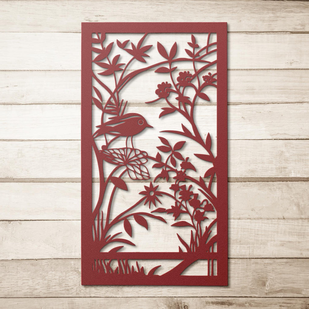 Bird and Flowers Metal Wall Art, Botanical Garden Sign, Nature Wall Decor, Floral Art