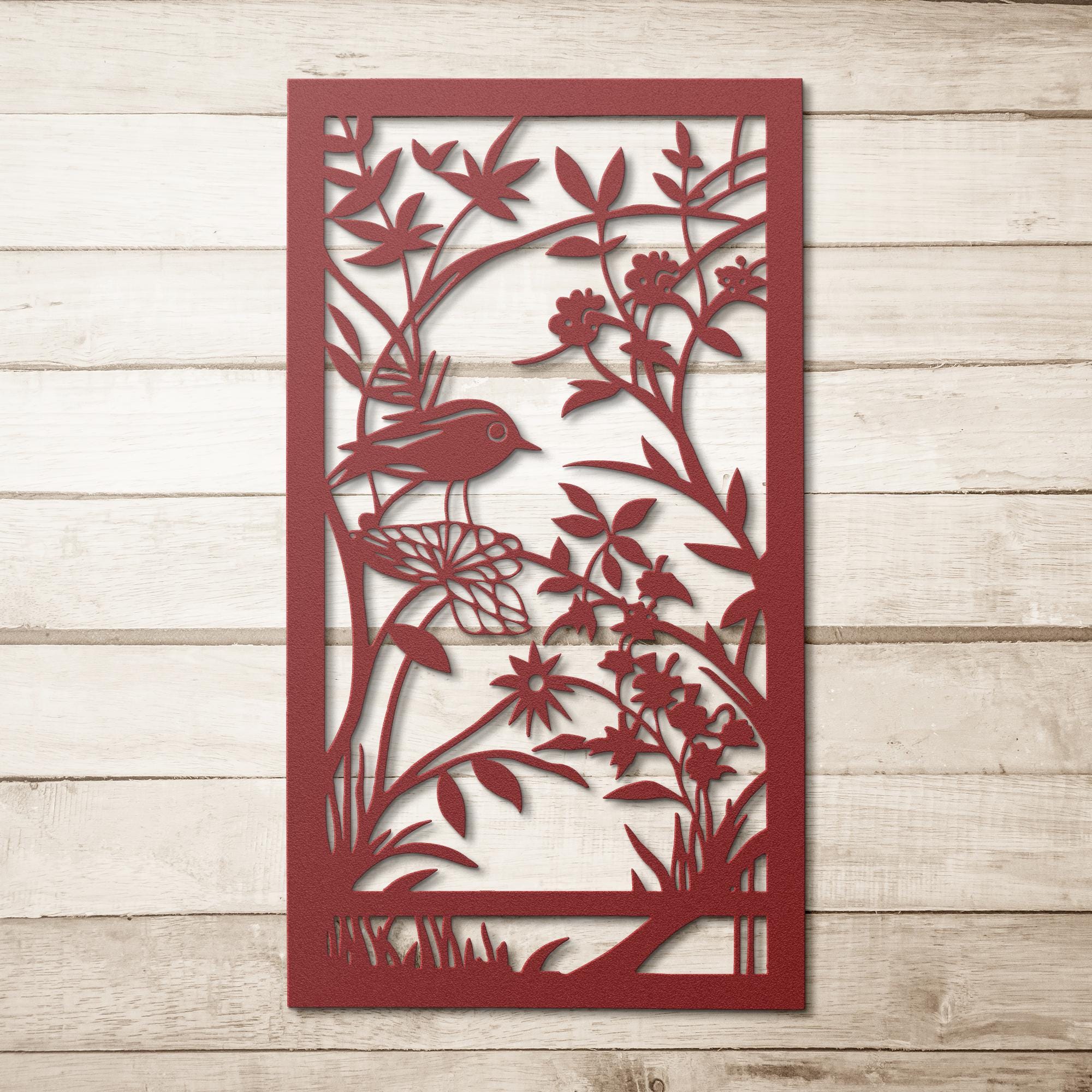Bird and Flowers Metal Wall Art, Botanical Garden Sign, Nature Wall Decor, Floral Art