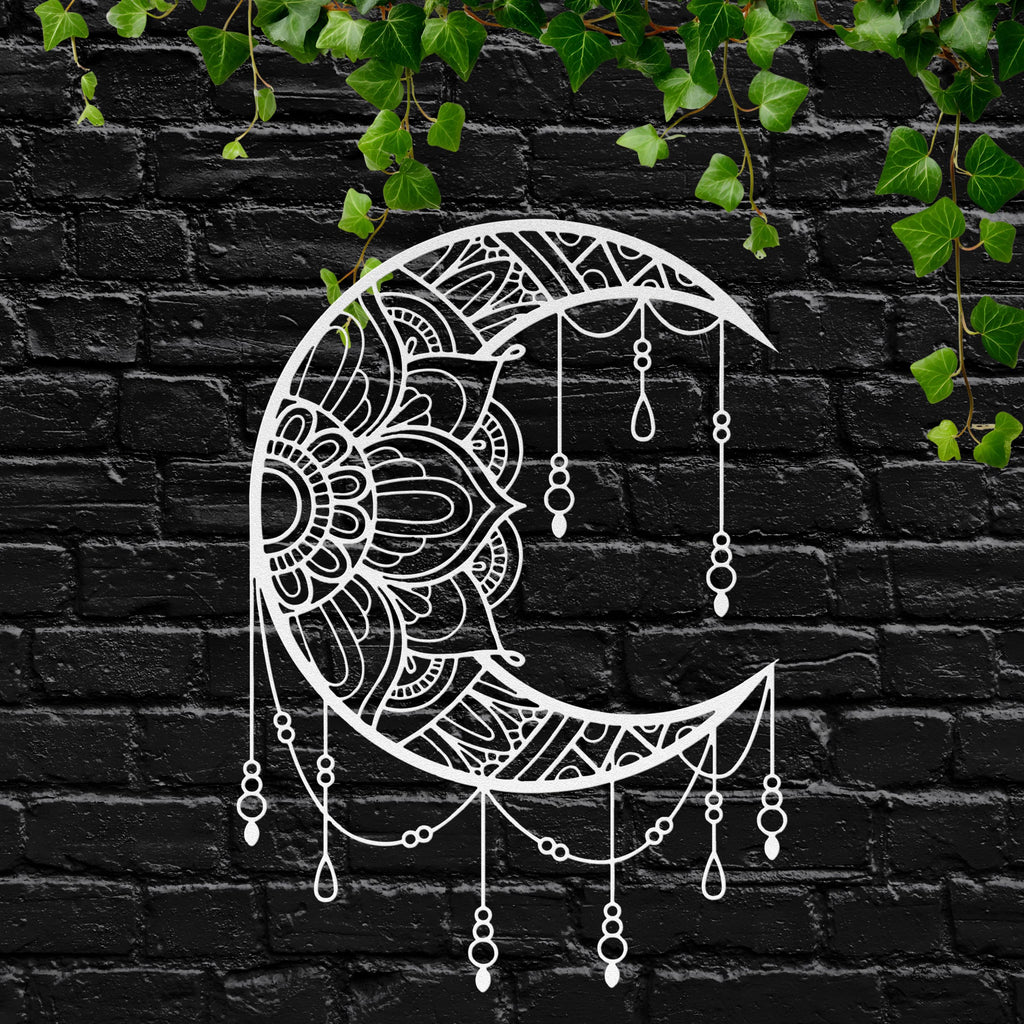Mandala Crescent Moon Black Metal Cutout - Intricate Mandala Design Boho Wall Art