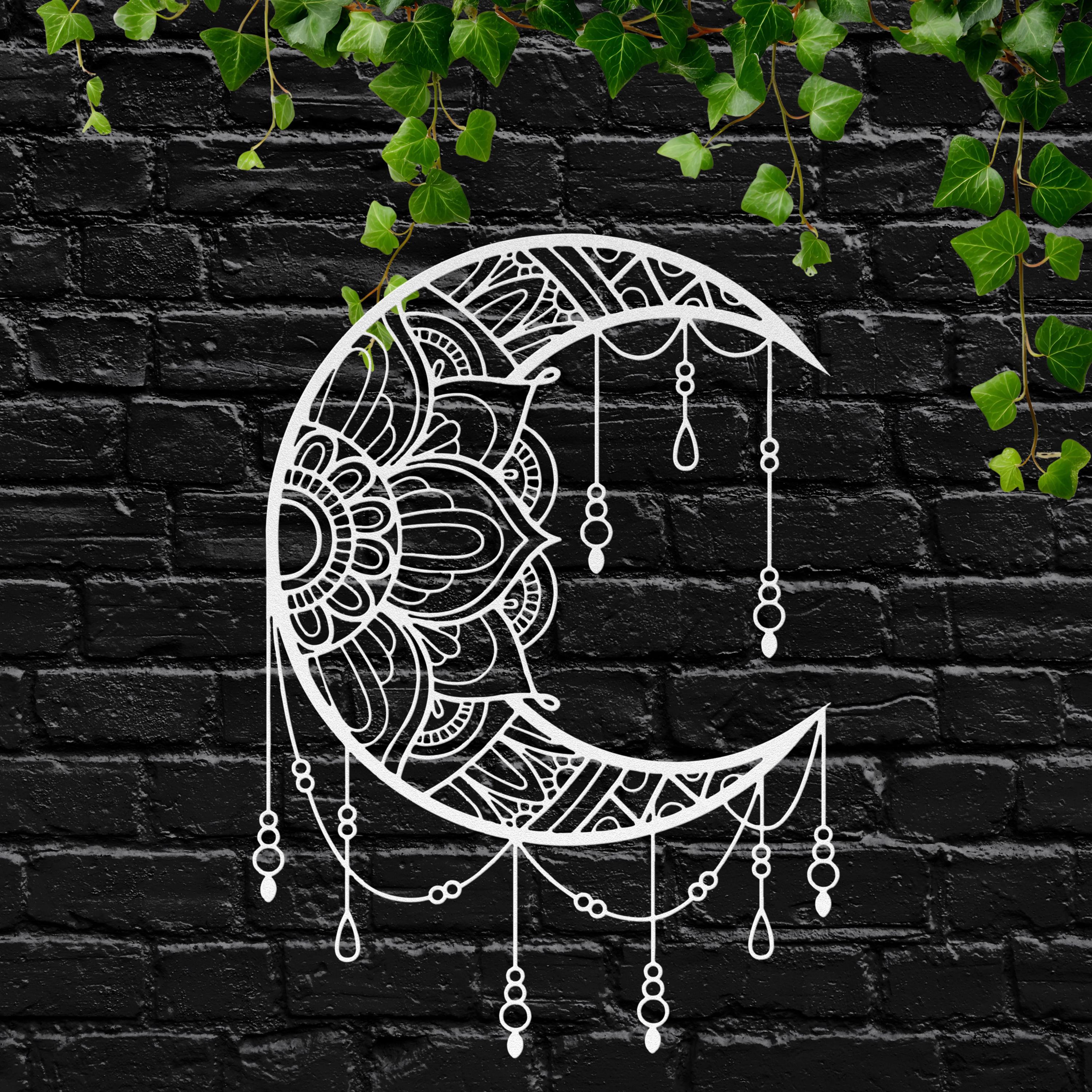 Mandala Crescent Moon Black Metal Cutout - Intricate Mandala Design Boho Wall Art