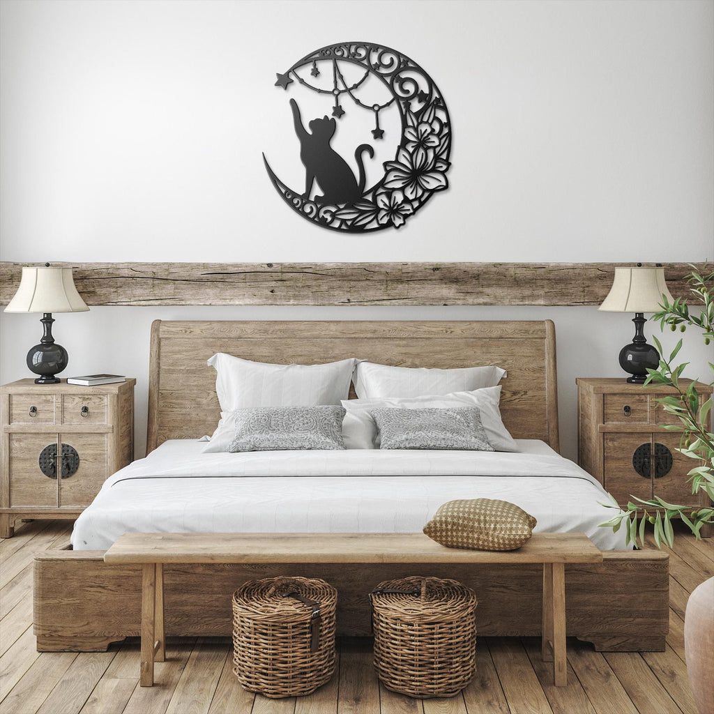 Black Cat Wall Art - Celestial Metal Decor | Crescent Moon Sign With Flower Star Design