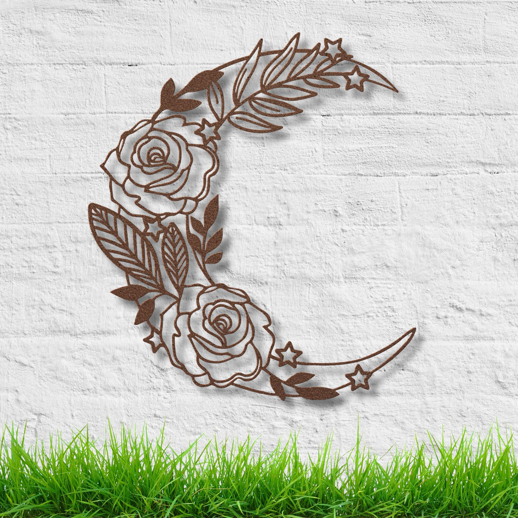 Floral Crescent Moon Metal Wall Art | Rose and Stars Witchy Decor | Boho Nursery Bedroom Sign