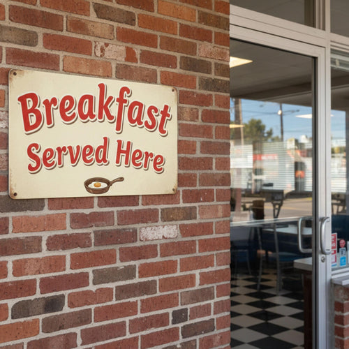 Breakfast Served Here Metal Sign | Retro Diner Kitchen Decor | Vintage Restaurant Plaque | Coffee Bar Wall Art | Farmhouse Egg Sign