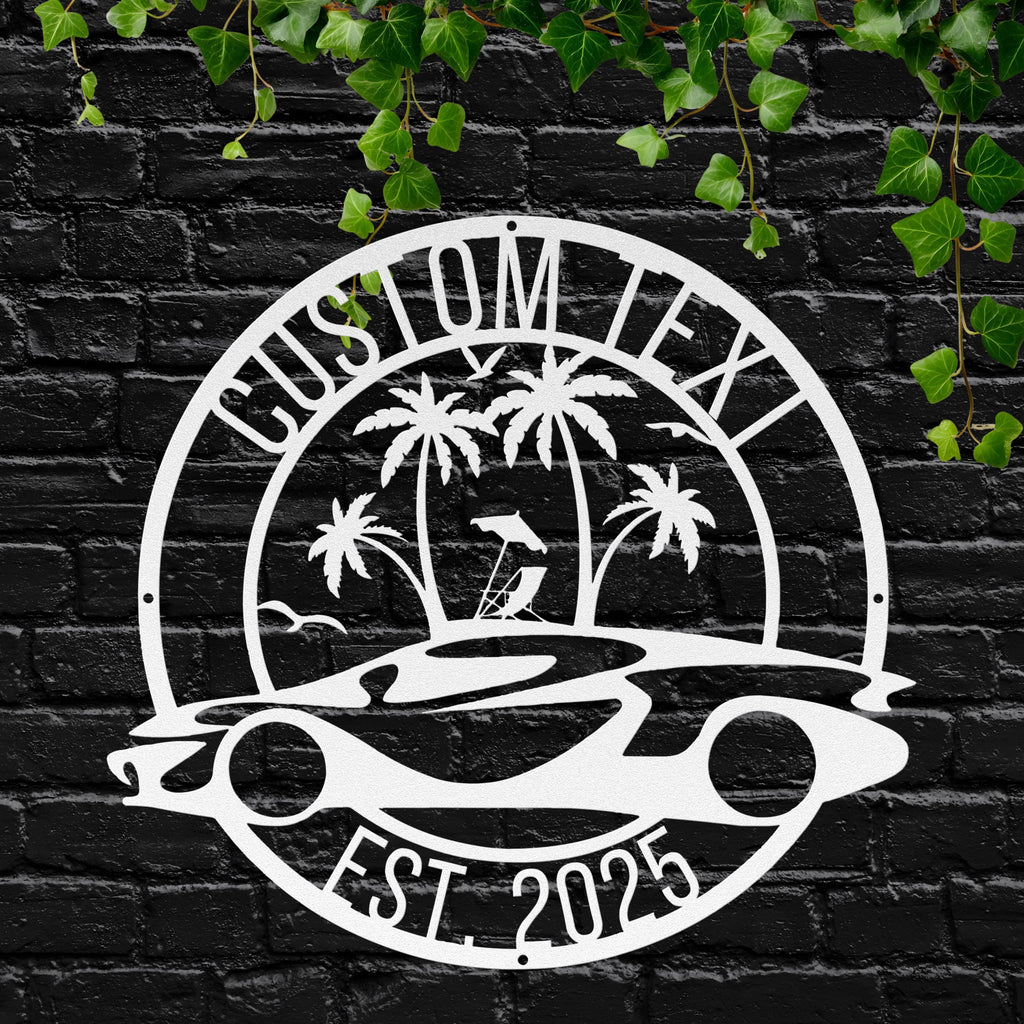 Personalized Race Car & Beach Metal Sign | Custom Text Garage or Man Cave Wall Art | Unique Automotive Enthusiast Gift