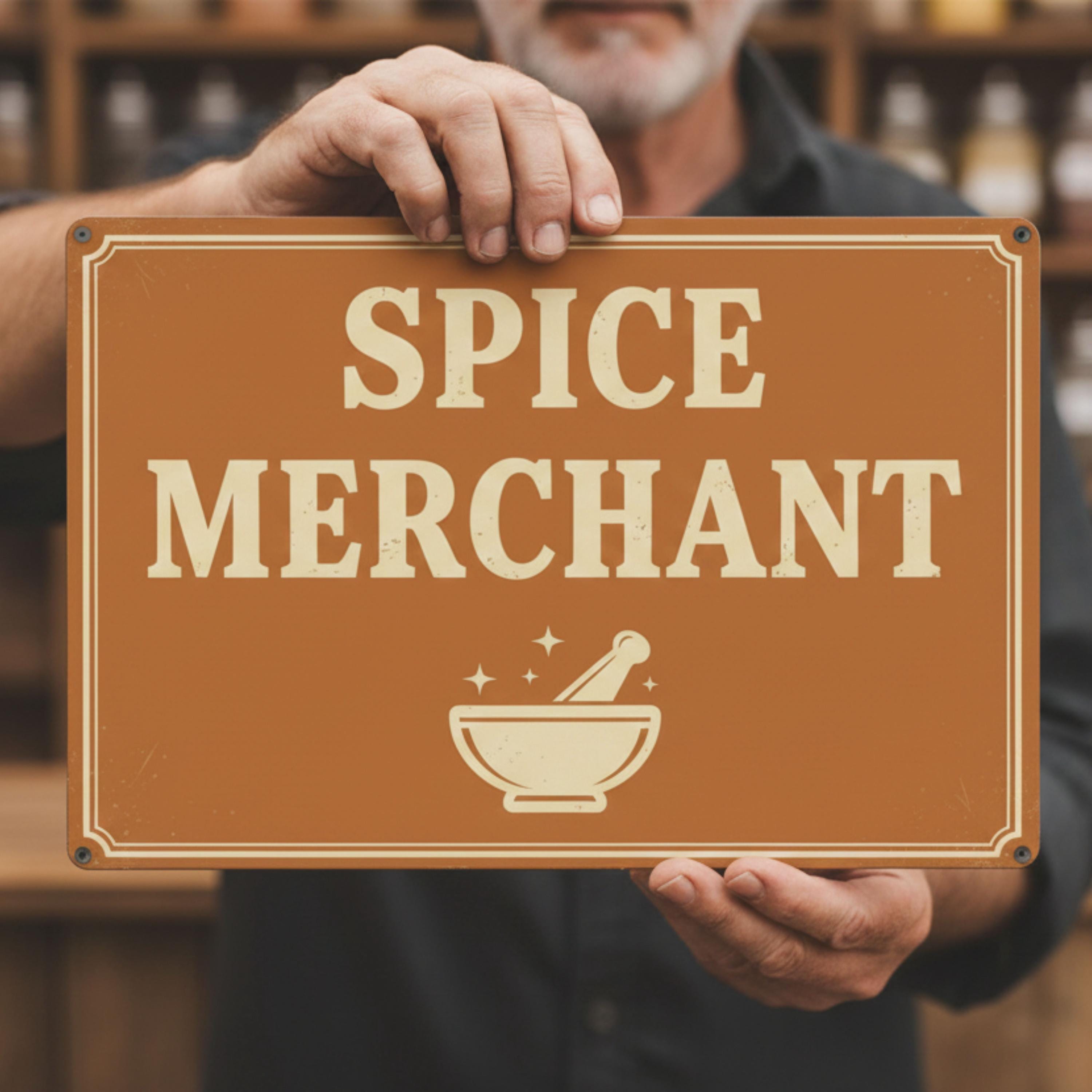 Rustic Spice Merchant Sign, Kitchen Wall Art, Mortar Pestle Metal Plaque, Food Store Decor