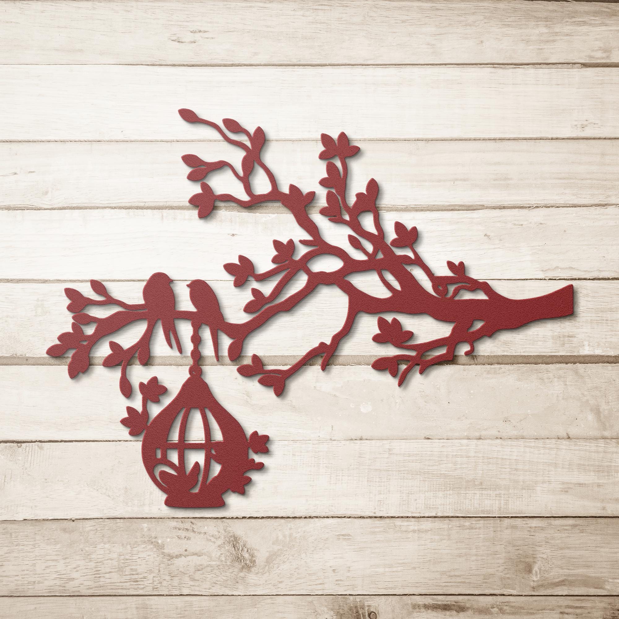 Birds on Branch Metal Art, Hanging Birdcage Wall Decor, Rustic Nature Sign, Forest Gift