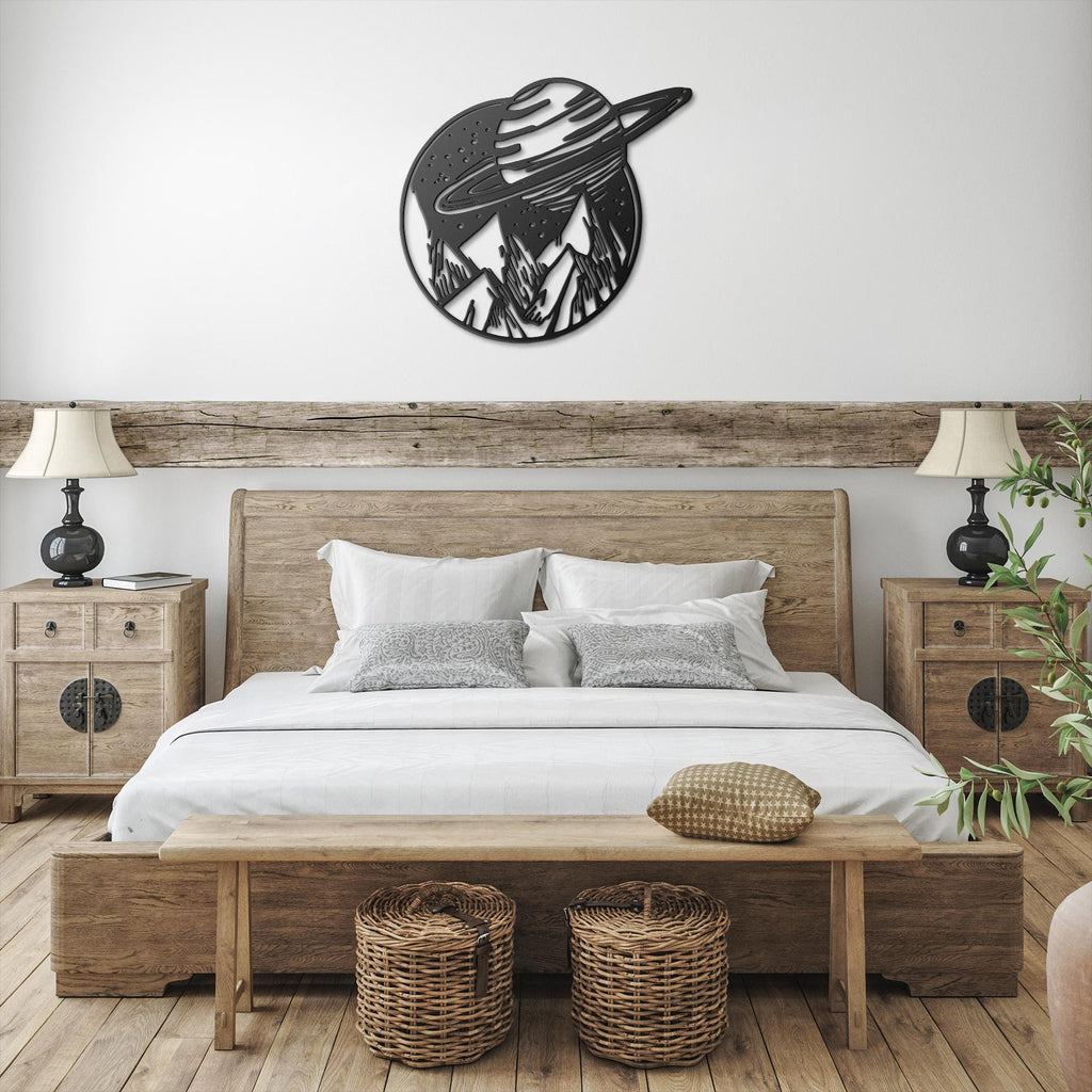 Saturn Metal Wall Art, Celestial Planet Sign, Galaxy Space Decor, Mountain Landscape Art
