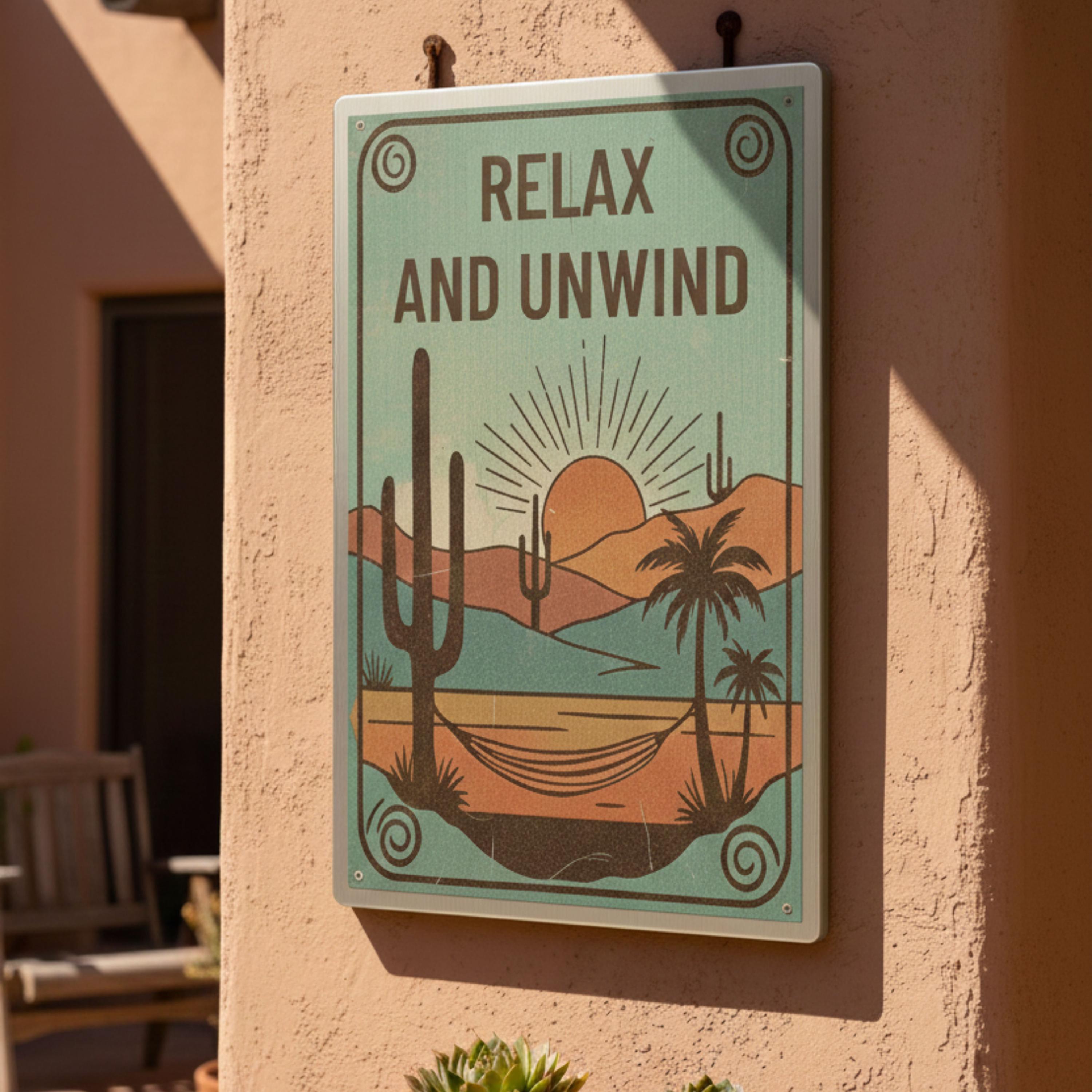 Desert Metal Sign - Boho Home Decor | Retro Sunrise Art | Relax Unwind Wall Decor