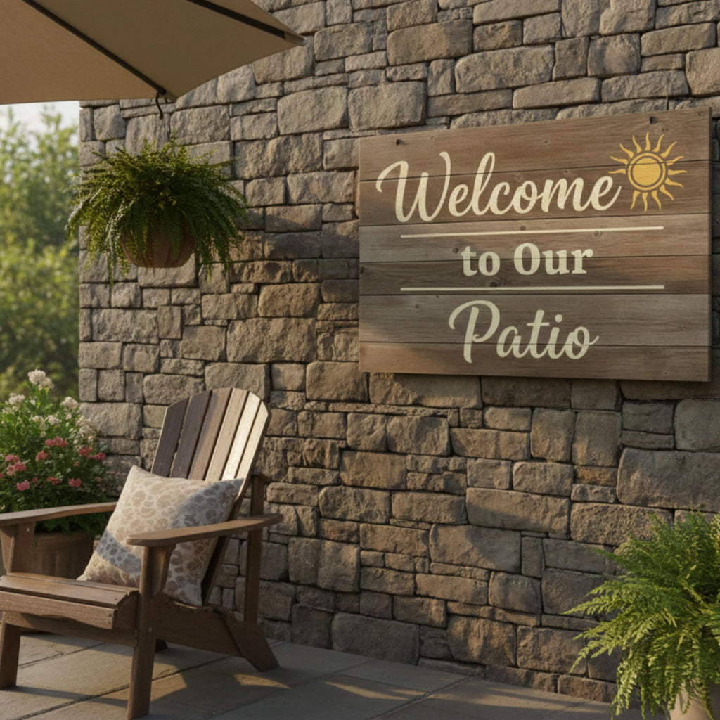 Welcome to Our Patio Metal Sign | Outdoor Summer Decor | Sun Porch Wall Art | Rustic Wood Grain Plaque | Backyard Deck Decor