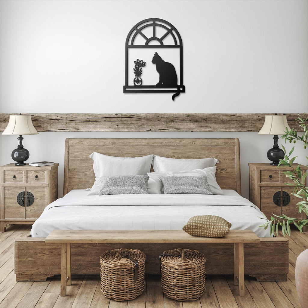 Cat Silhouette Metal Sign – Unique Die Cut Metal Wall Art with Kitten on Window Sill