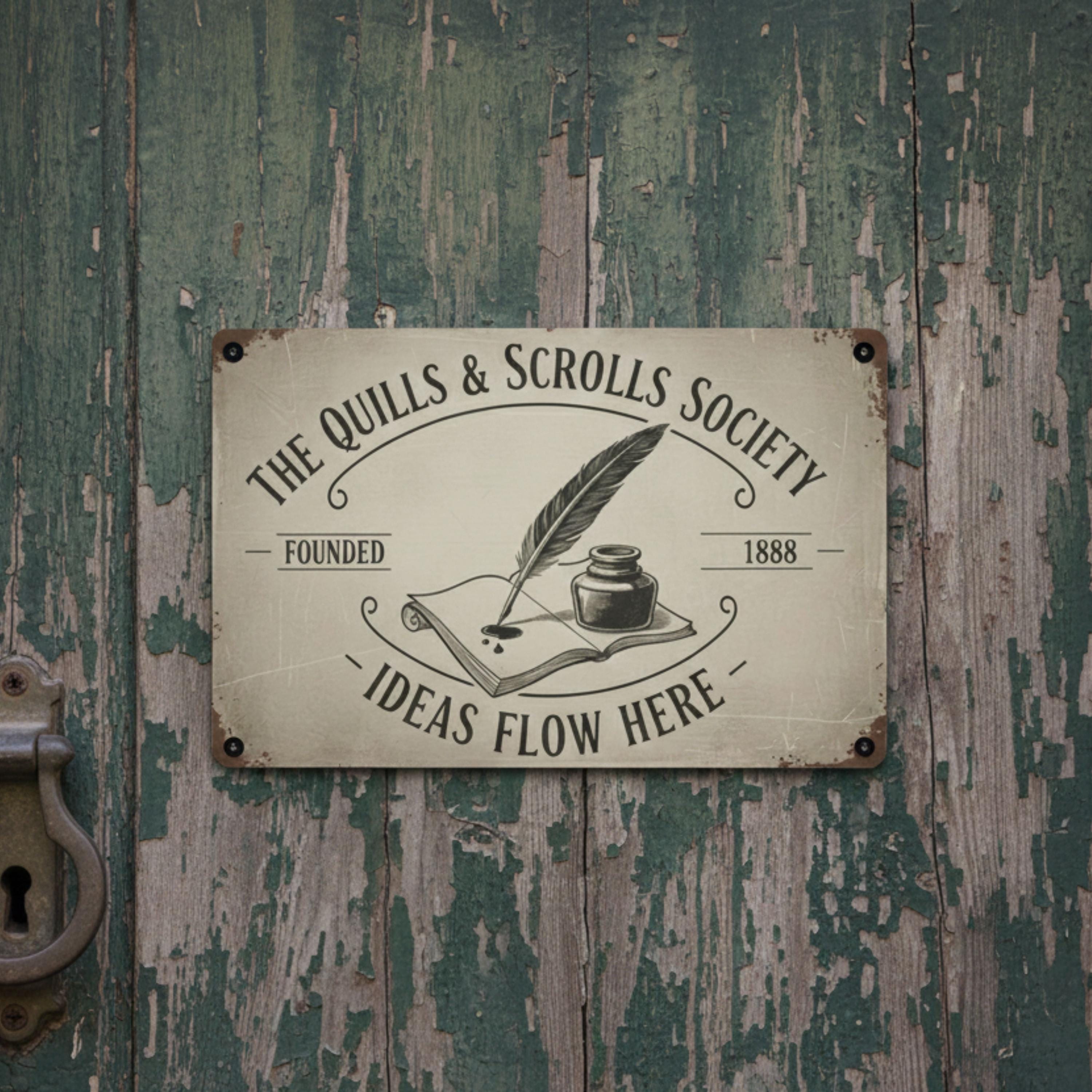 Custom Writer Metal Sign, Quills and Scrolls Society Wall Art, Personalized Author Gift