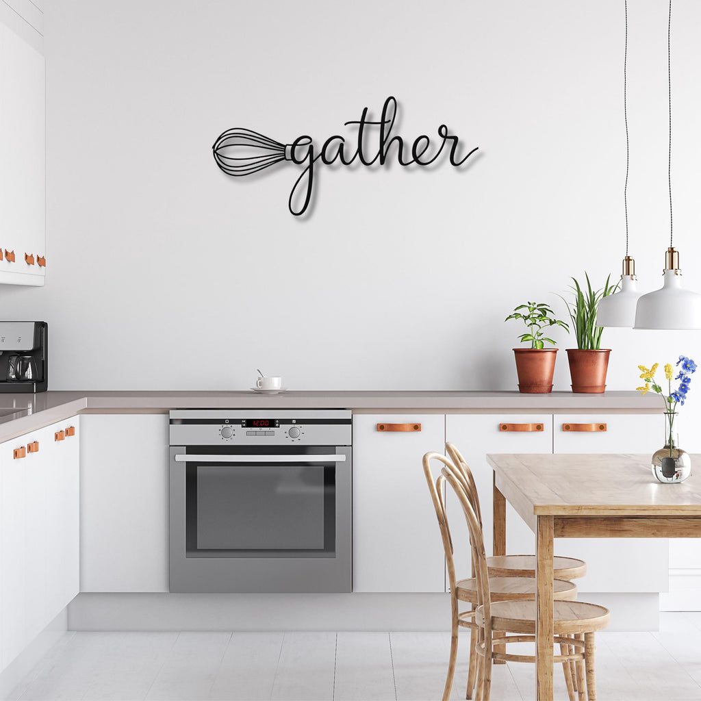 Gather Whisk Metal Wall Art | Kitchen Die Cut Sign, Farmhouse Decor, Cooking & Baking Gift, Script Word Sign