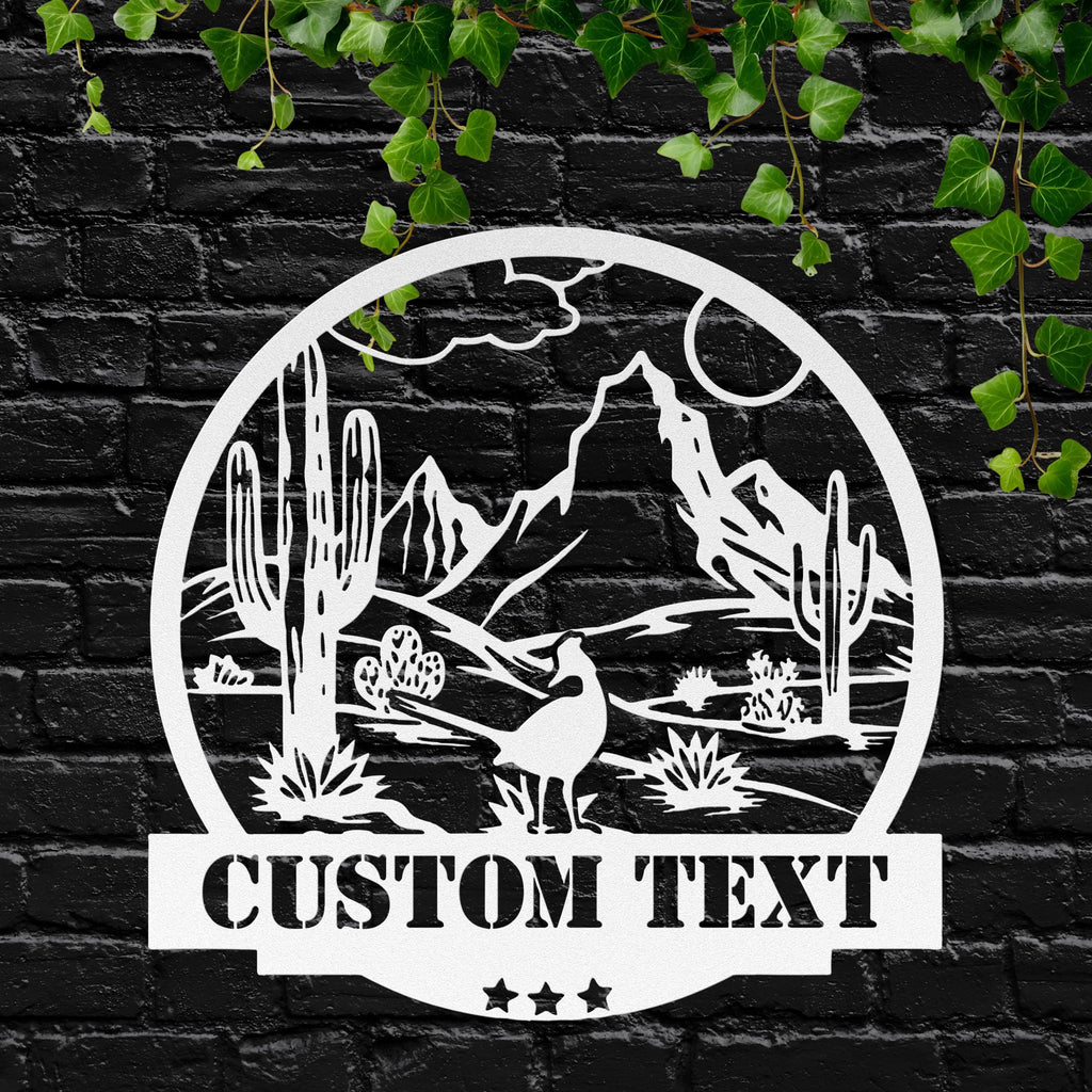 Custom Desert Metal Sign | Personalized Cactus Art | Landscape Home Decor | Southwestern Scene Die-Cut | Mountain Roadrunner Gift