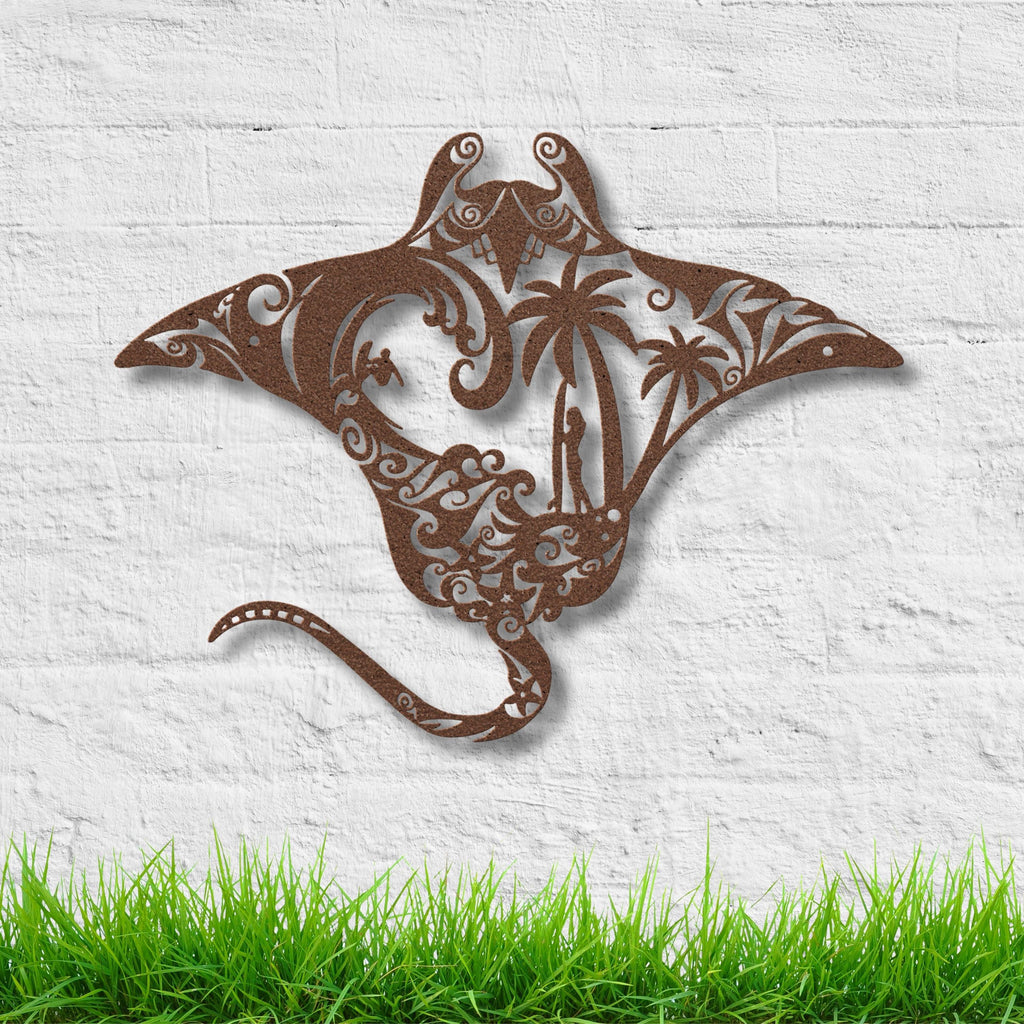 Manta Ray Tribal Metal Wall Art, Surf Beach Scene Sign, Coastal Island Home Decor