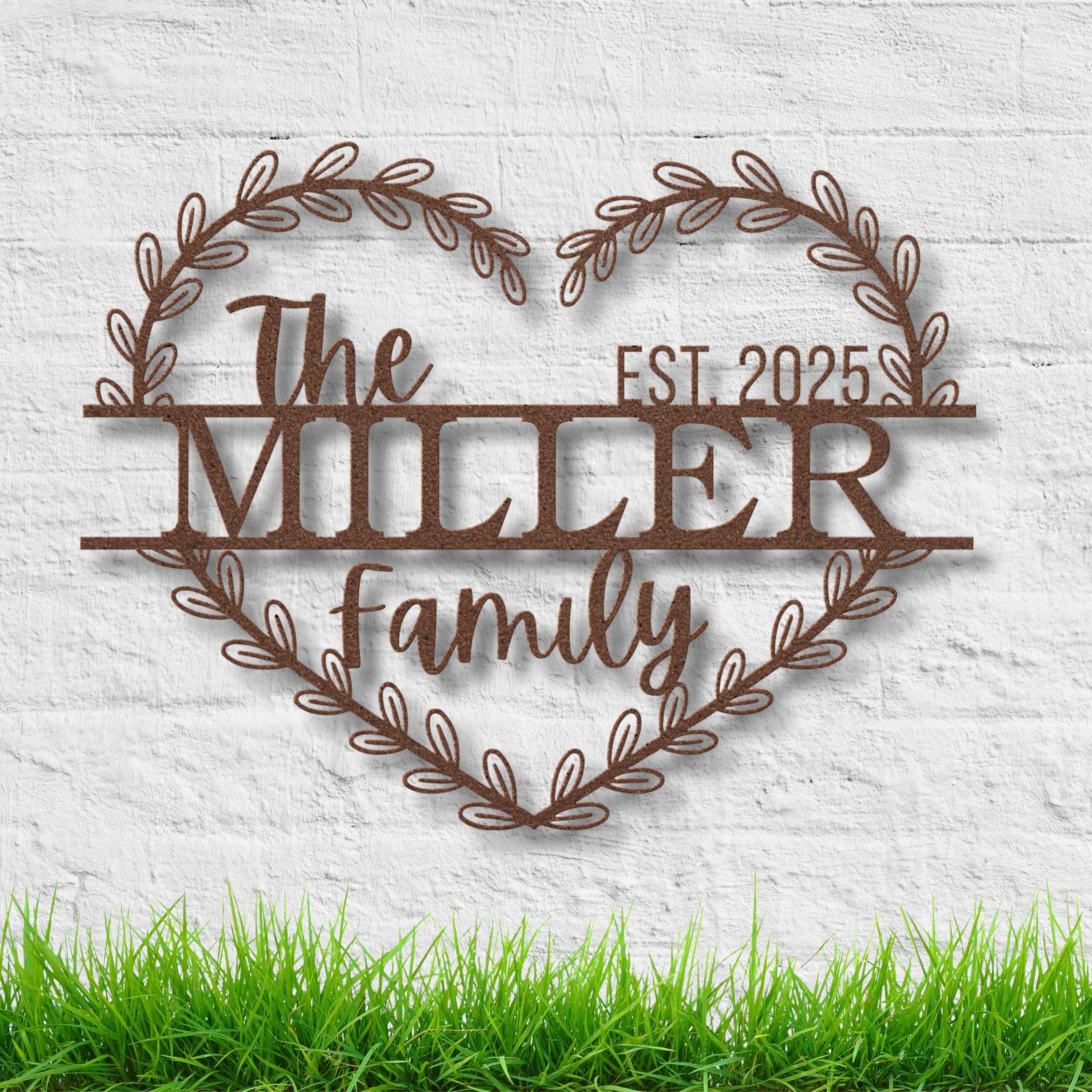 Custom Family Last Name Monogram Sign: Heart Wreath Metal Wall Art, Housewarming Gift