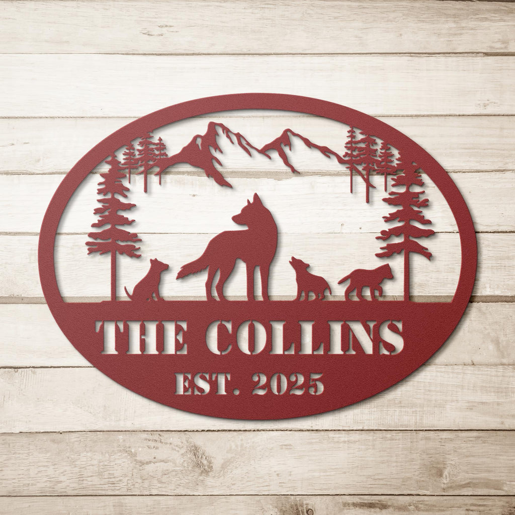 Personalized Wolf Sign | Custom Metal Sign With Wolf Pack Silhouette & Mountain Wall Art