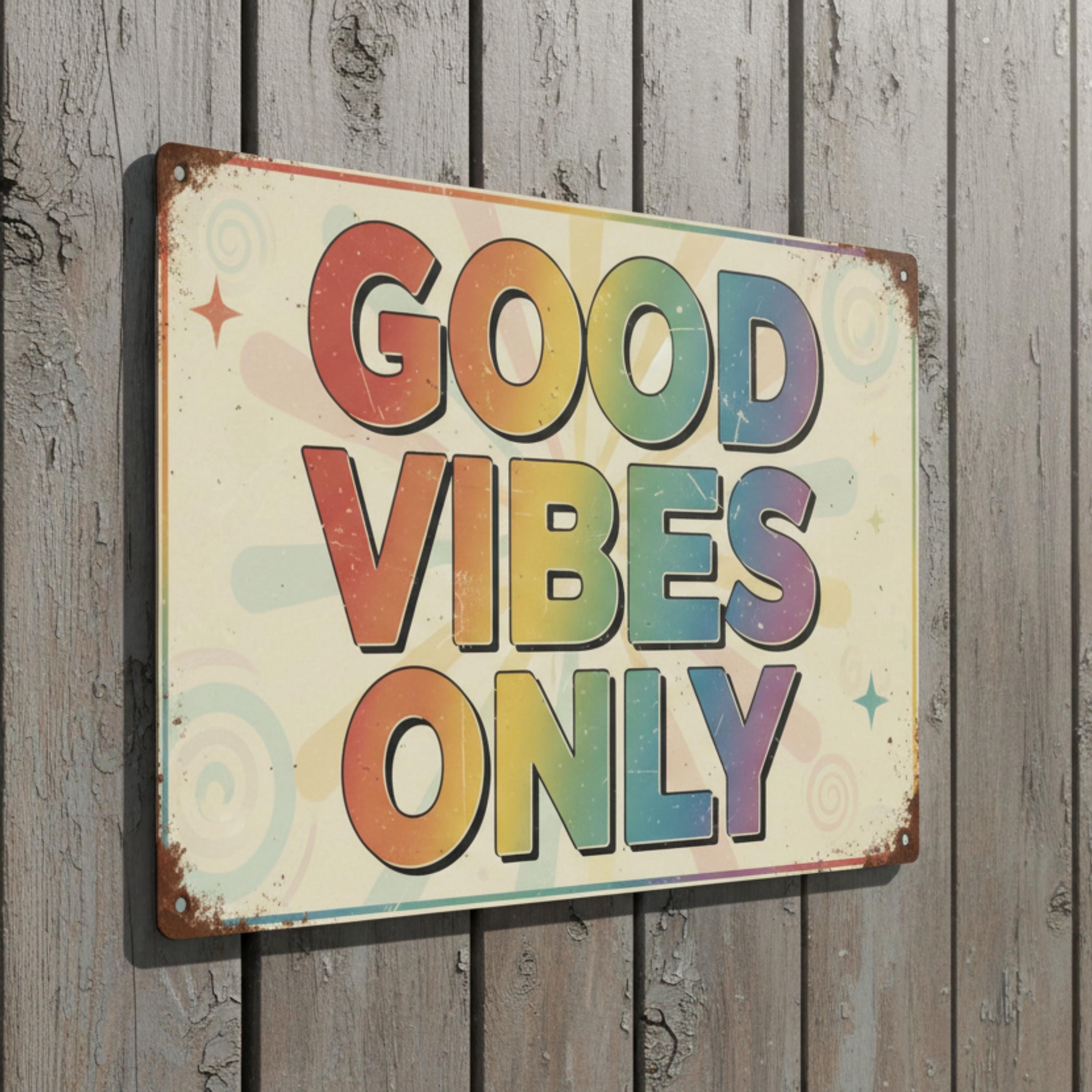 Good Vibes Only Metal Sign, Colorful Retro Hippie Wall Art, Distressed Positive Quote Plaque, Fun Aesthetic Room Decor, Rainbow Gift